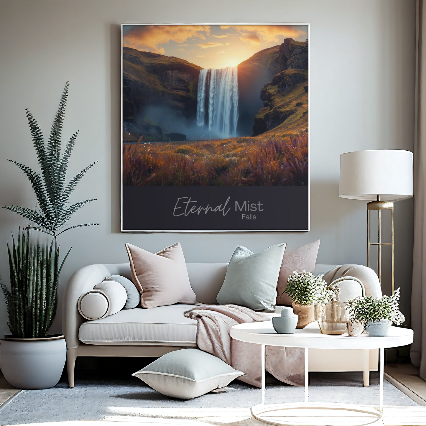 Living room with a couch, coffee table, and wall art of a waterfall.