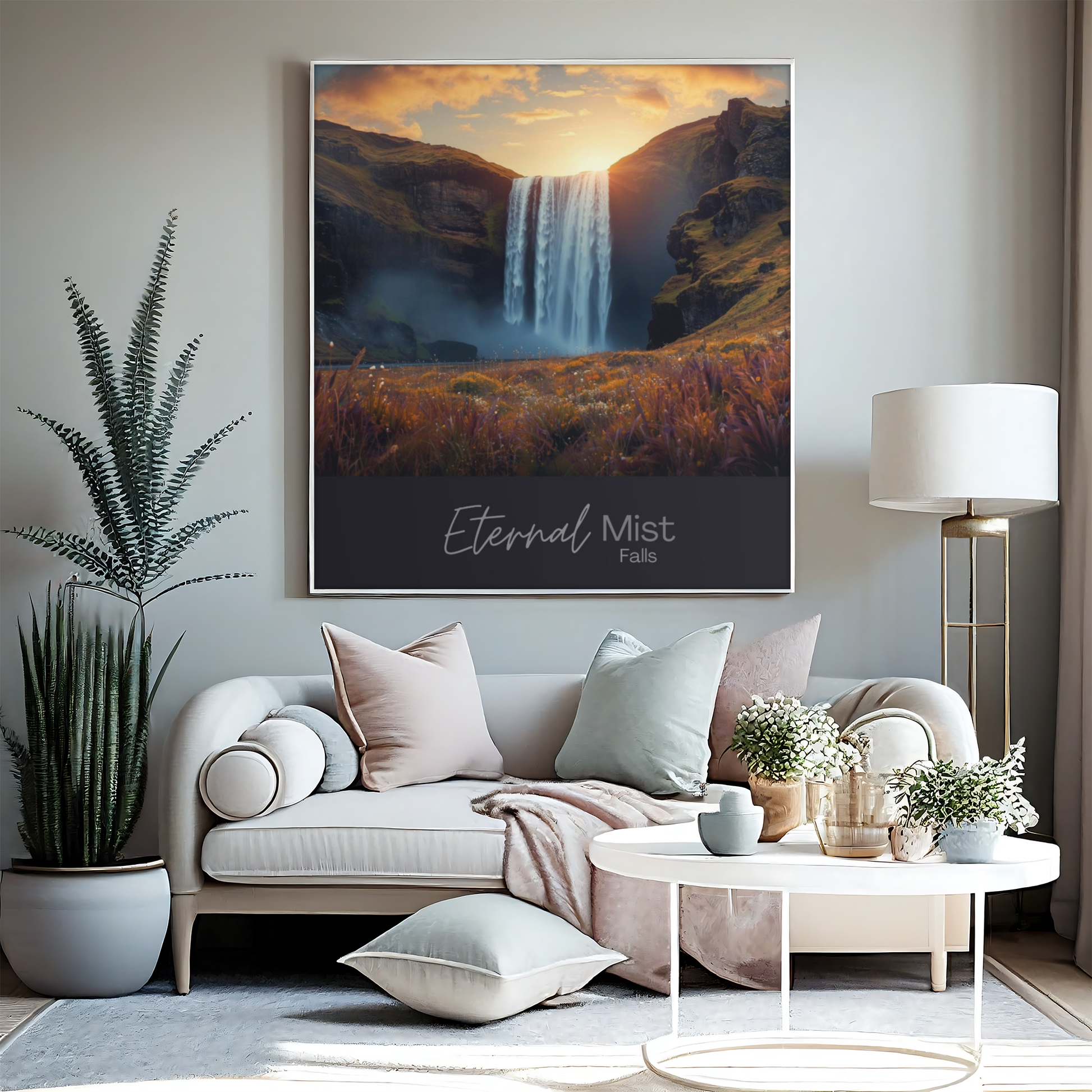 Living room with a couch, coffee table, and wall art of a waterfall.