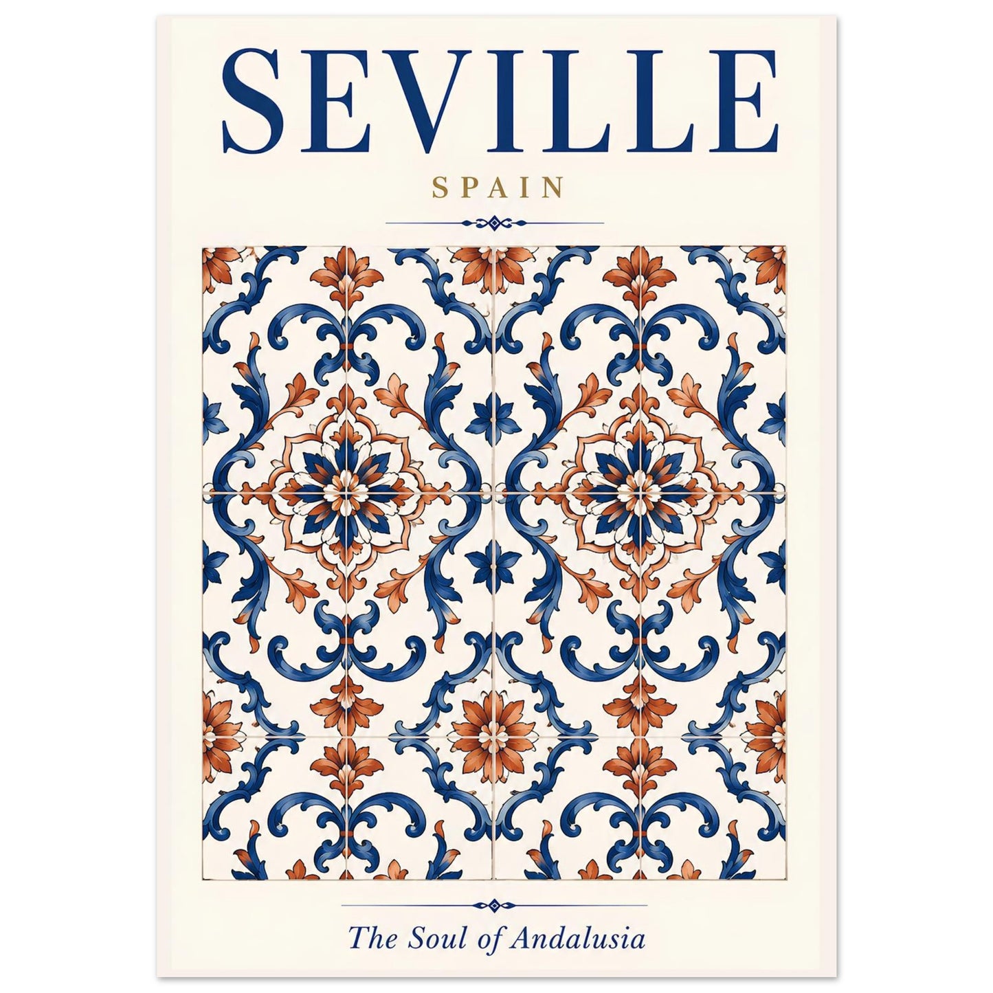 Seville Spain wall art featuring an intricate blue and terracotta Andalusian-inspired ceramic tile pattern.