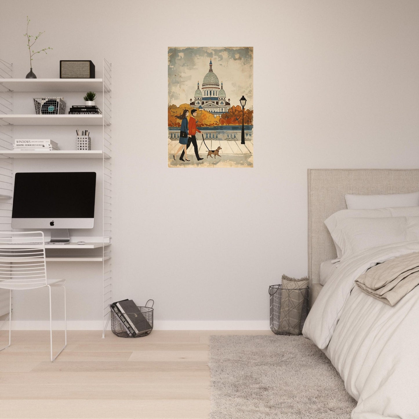 Modern bedroom with a desk, chair, and artwork of a person walking a dog in an urban setting.