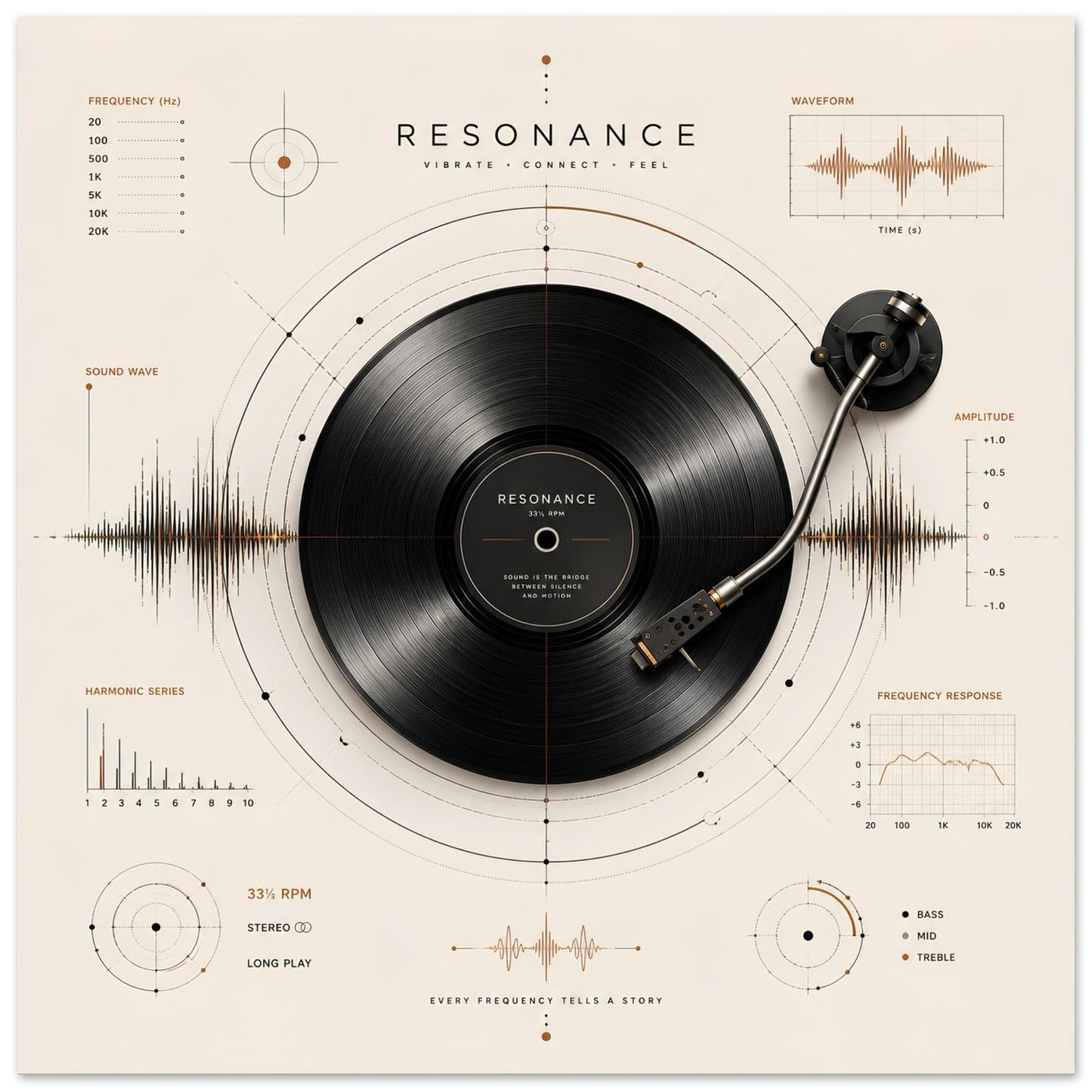Close-up of the Resonance minimalist vinyl record poster featuring a tonearm, geometric construction lines and copper-accented sound diagrams.