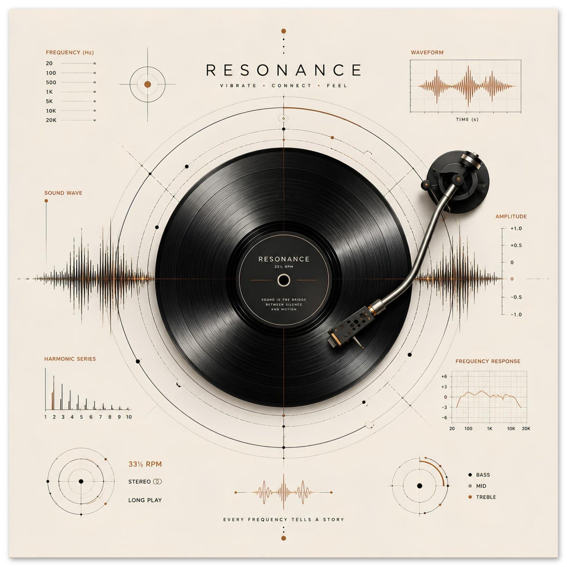 Close-up of the Resonance minimalist vinyl record poster featuring a tonearm, geometric construction lines and copper-accented sound diagrams.