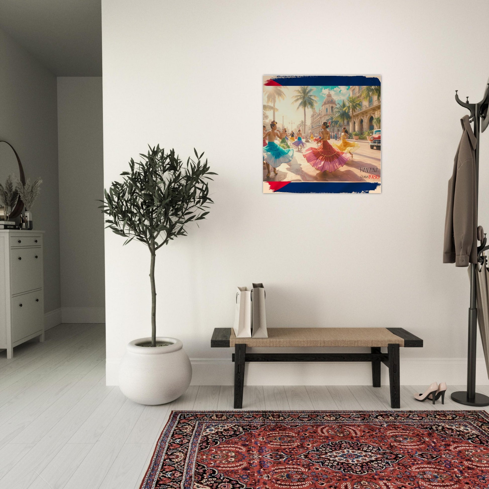 Room interior with a plant, bench, and colorful wall art.