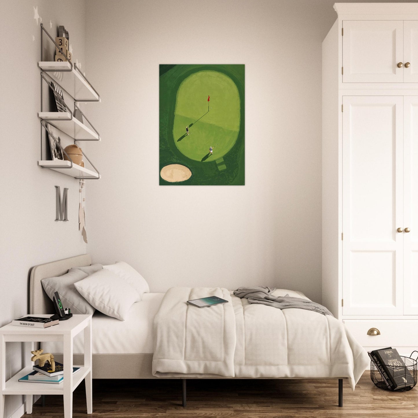 Modern bedroom with a bed, nightstand, and minimalist golf wall art