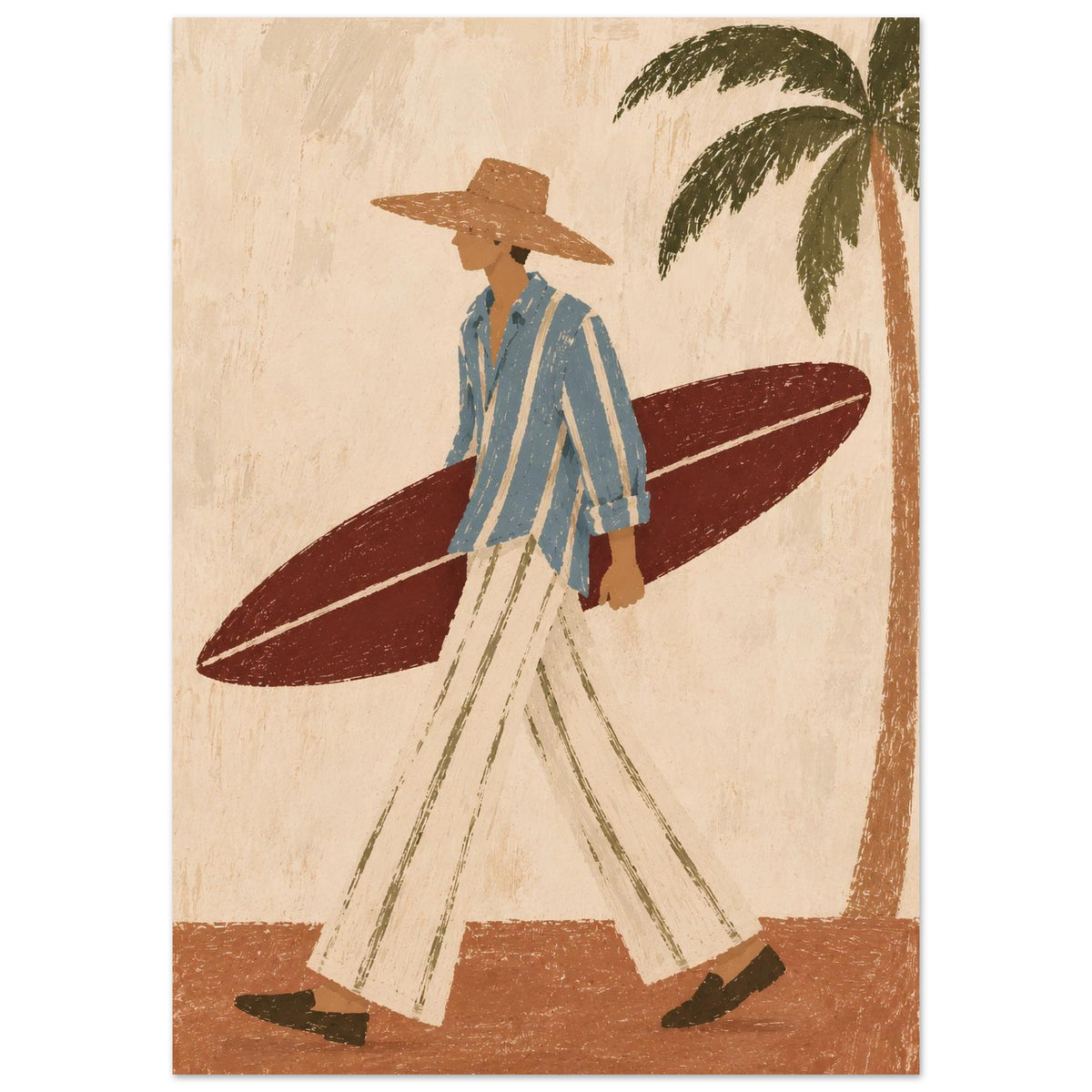 An illustration of a man in a wide-brimmed hat, blue striped shirt and cream trousers carrying a burgundy surfboard beside a palm tree.