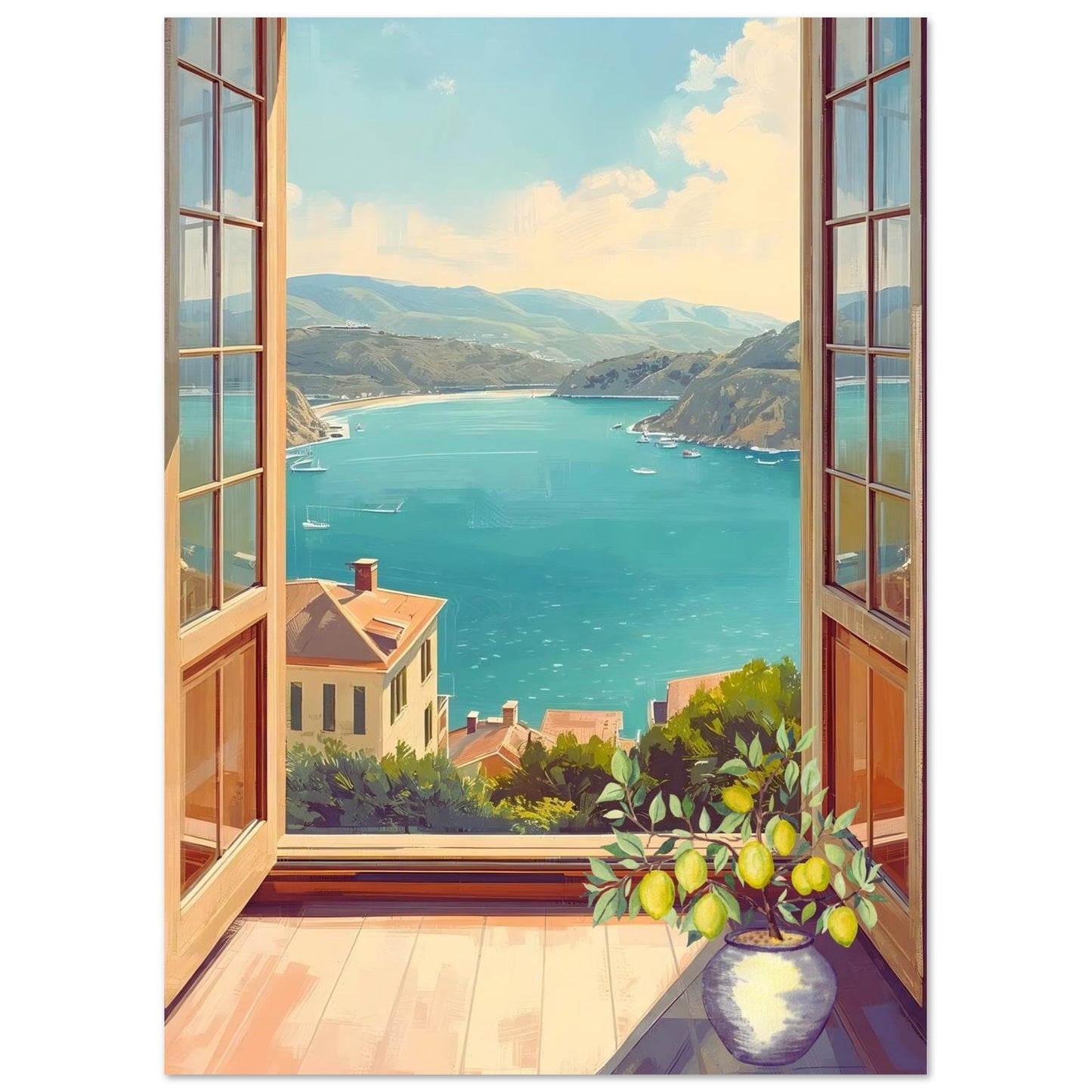 Open window view of a coastal landscape with a vase of lemons on a windowsill.