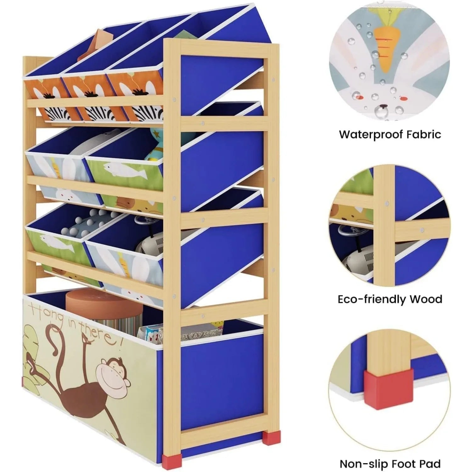 4 Tier Children'S Toy Organiser Shelf with 8 Removable Fabric Bins Boxes, Wooden Toy Organiser Rack for Nursery Playroom