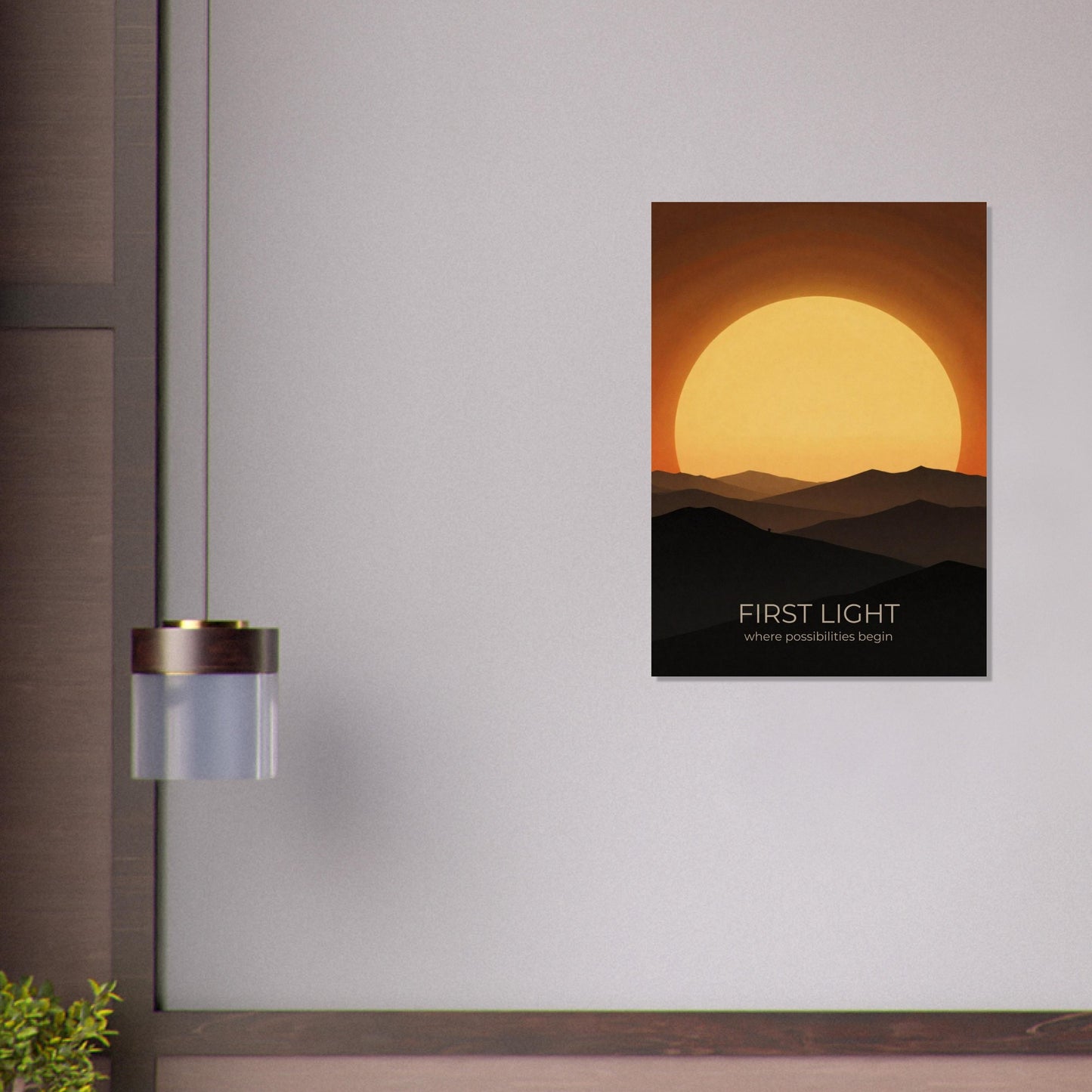 Sun wall art displayed on a beige wall above a contemporary shelf, bringing warmth and uplifting energy through golden sunrise tones.