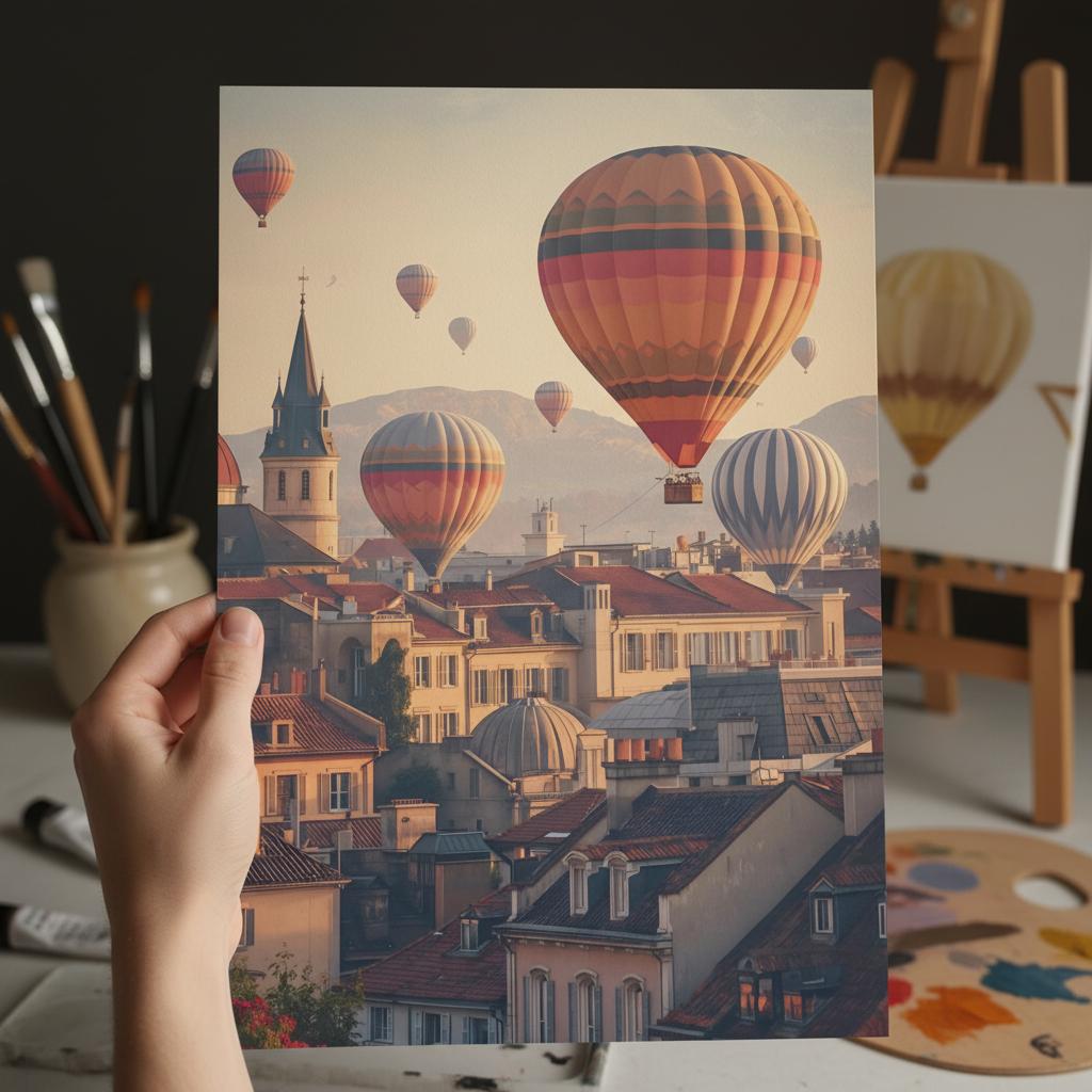 Hand holding a painting of hot air balloons over a cityscape with a paintbrush and palette in the background.