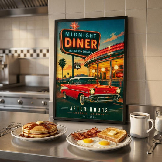 Framed poster of an american retro 50s diner with breakfast food on a kitchen counter