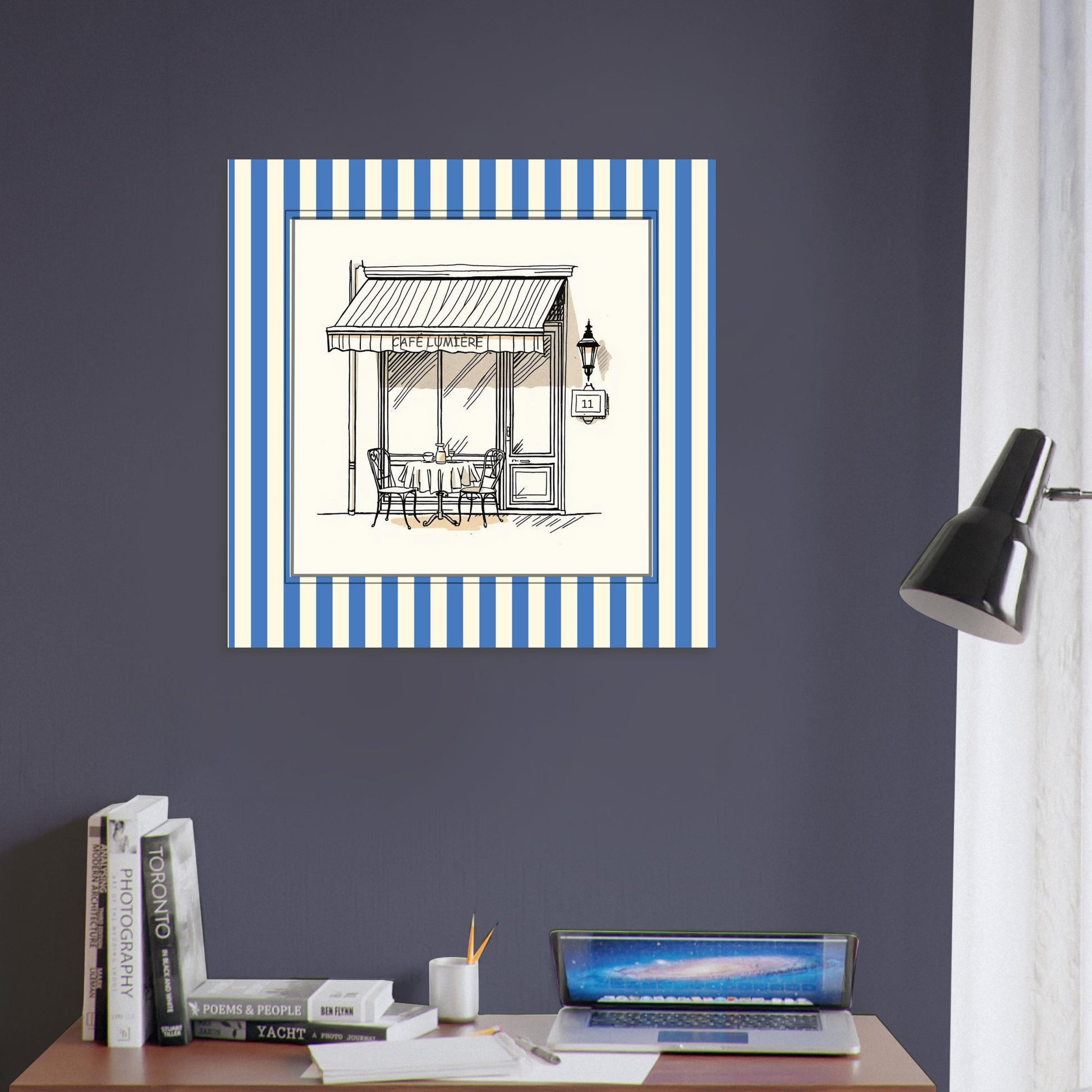 Café Lumière Paris blue wall art styled in home office setting