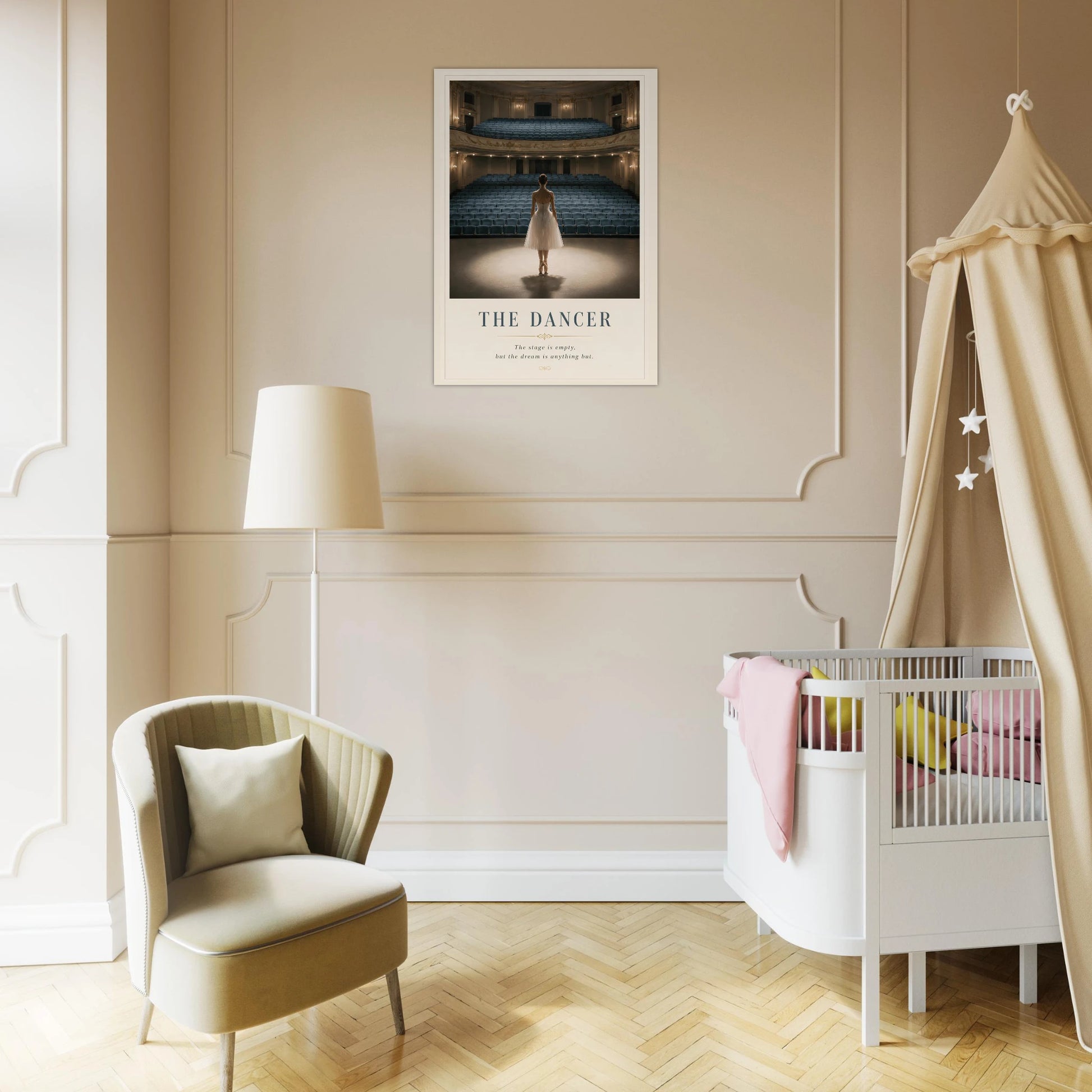 The Dancer ballerina poster displayed above a bed in a contemporary bedroom with soft neutral décor.
