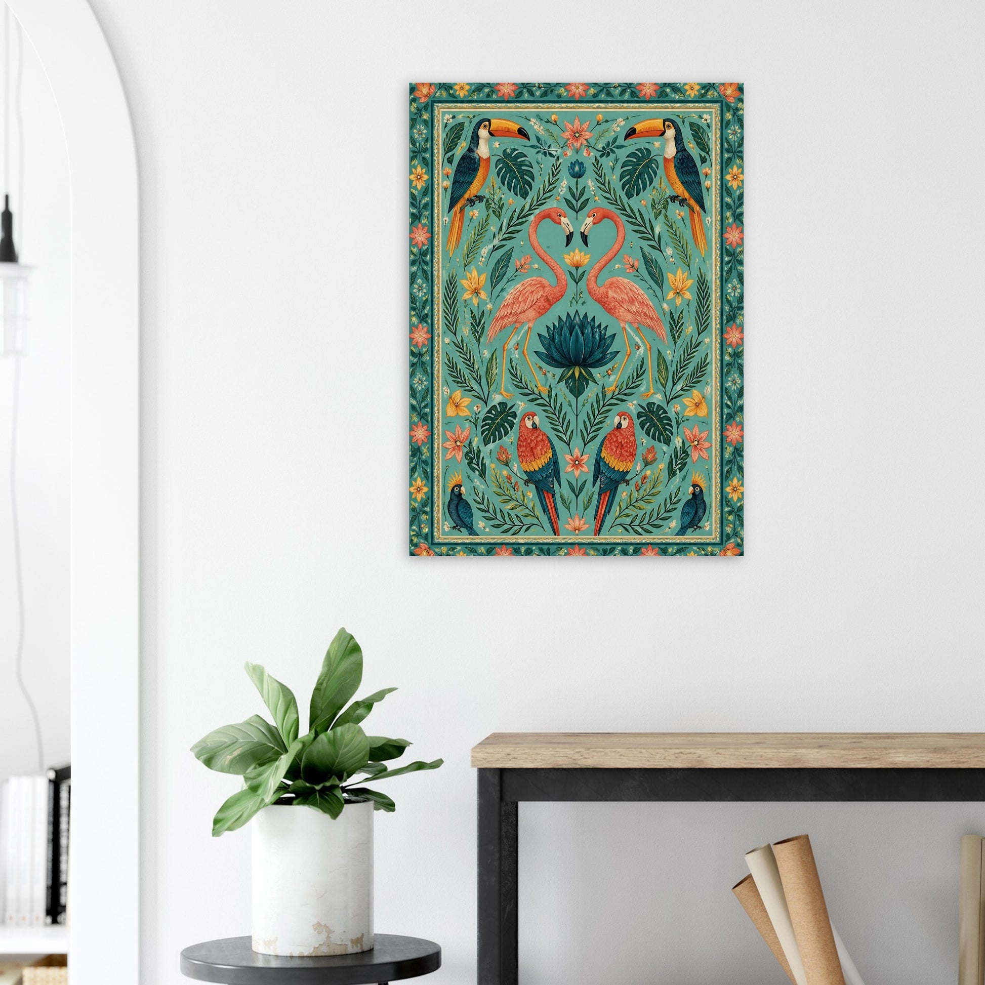 Tropical flamingo heart poster styled in modern living space with neutral walls and minimal furniture