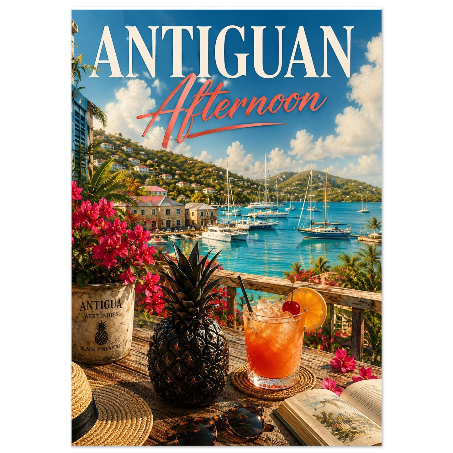Caribbean wall art featuring English Harbour, sailing yachts and a black pineapple in painterly style