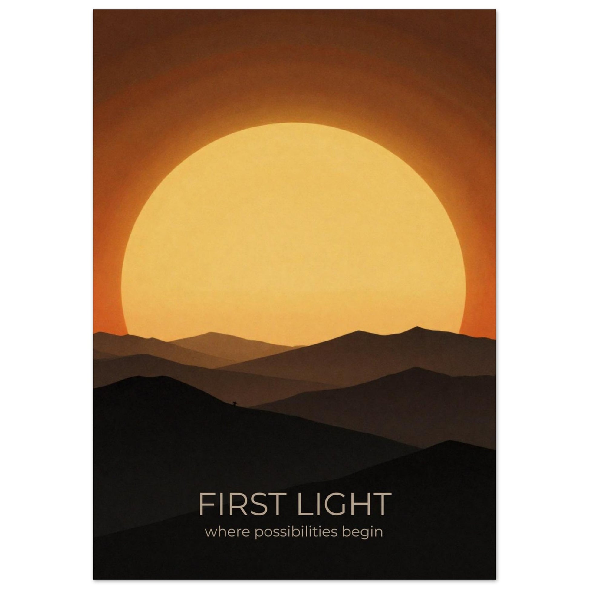Close-up of First Light sunrise wall art showcasing a large glowing sun and minimalist mountain landscape in amber and gold colours.