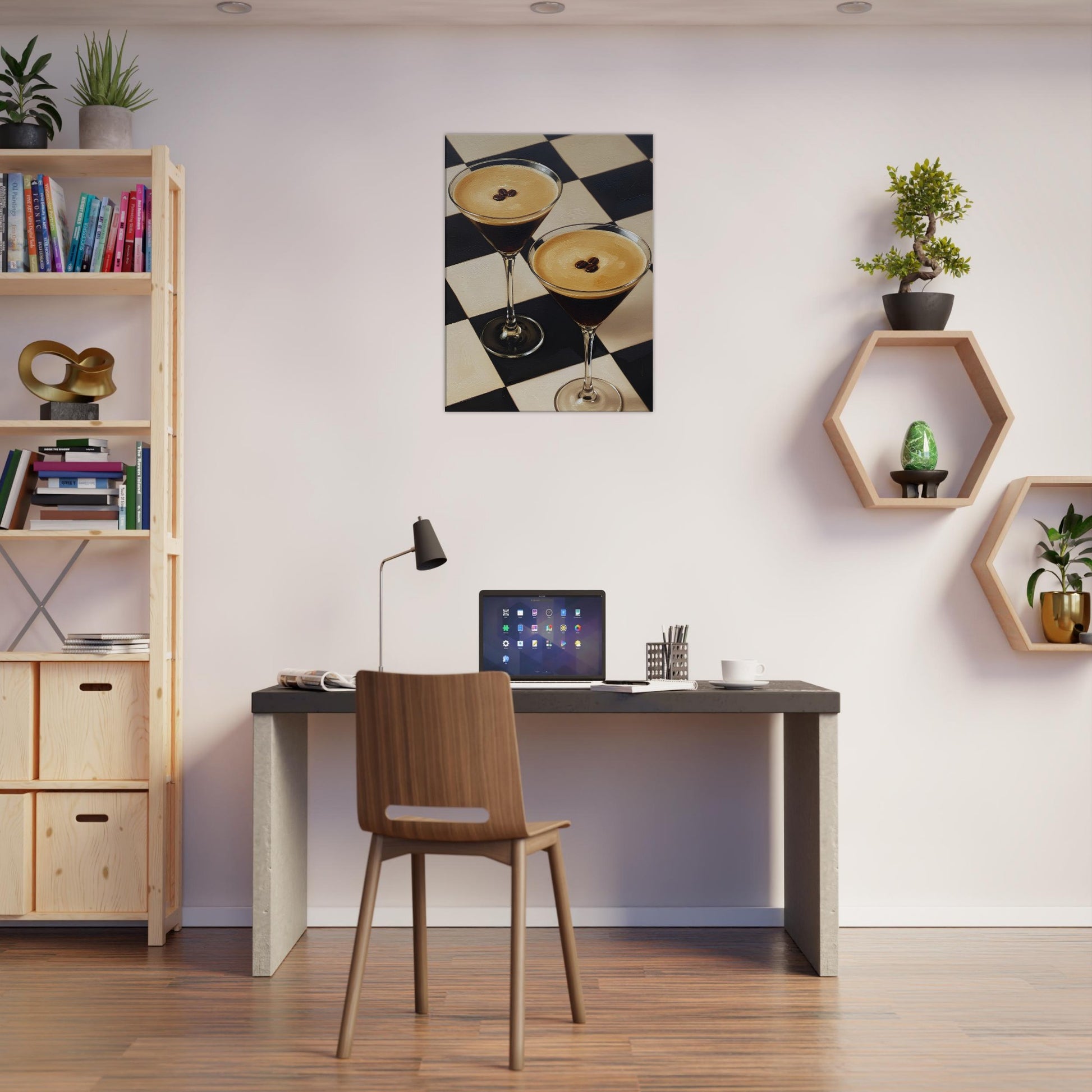 A canvas print depicting two margarita glasses on a black and white checkered pattern, displayed in a modern home office setting above a desk with a laptop and chair.