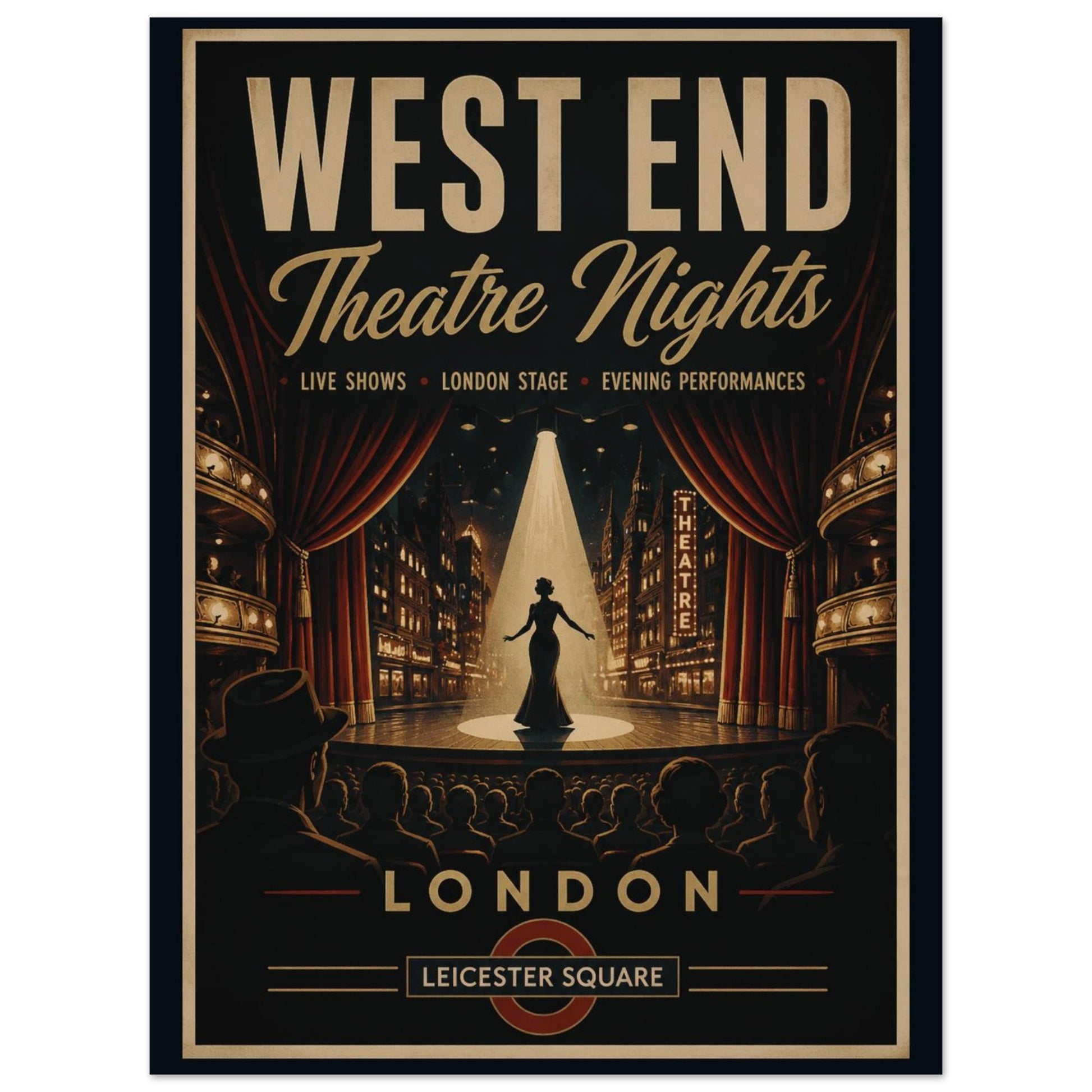 Poster advertising West End Theatre Nights with a stage and curtain design.