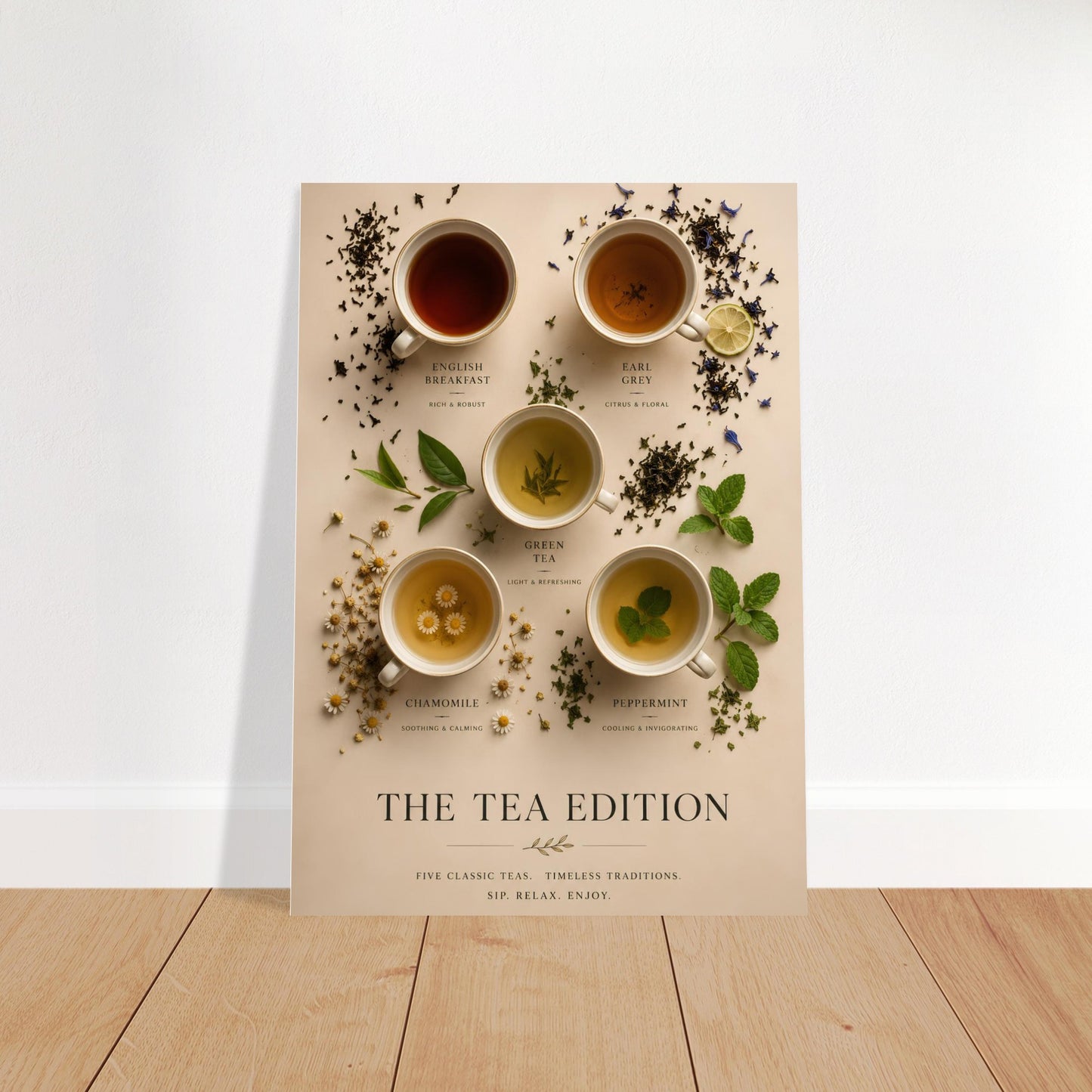 Poster of tea cups with different types of tea and herbs on a beige background