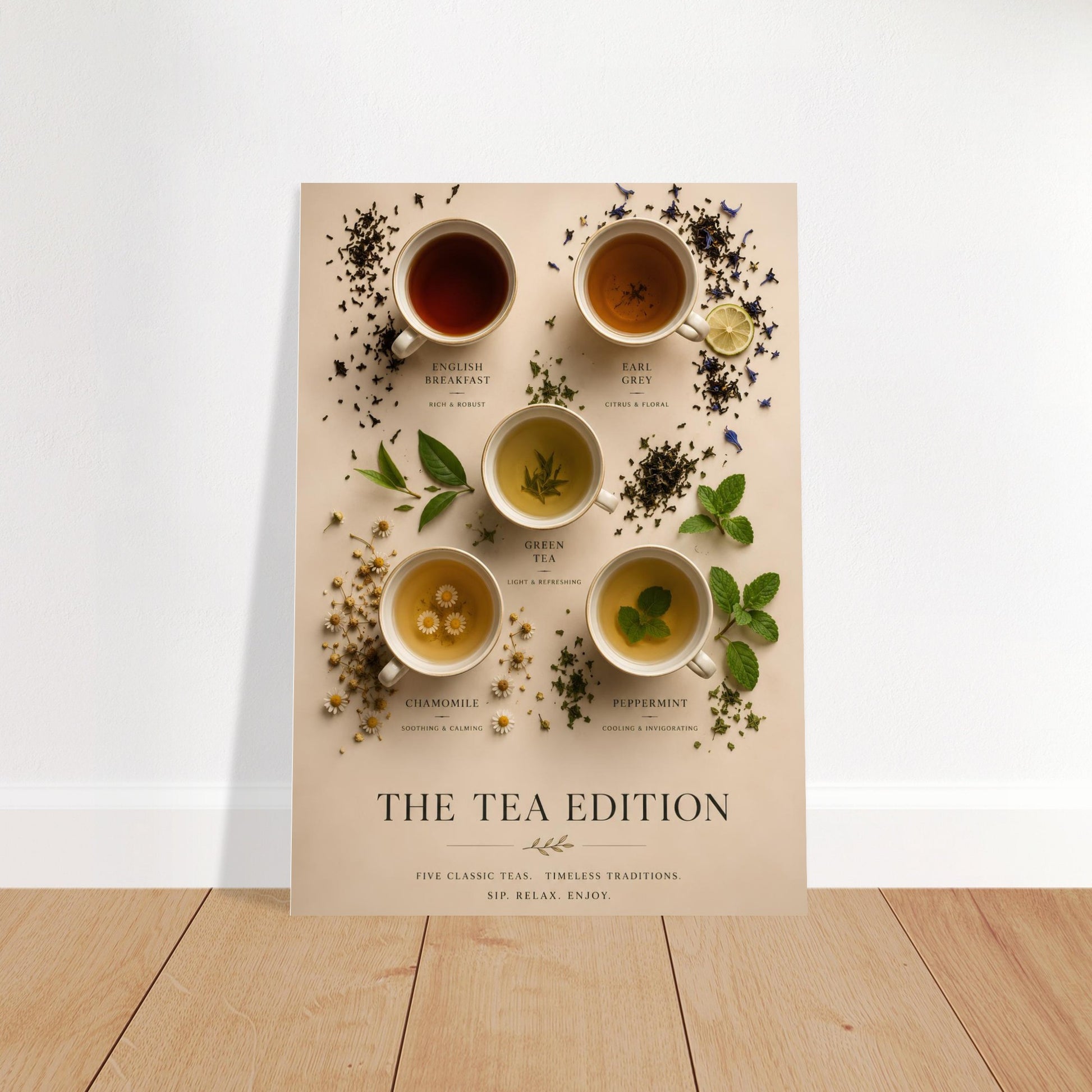 Poster of tea cups with different types of tea and herbs on a beige background