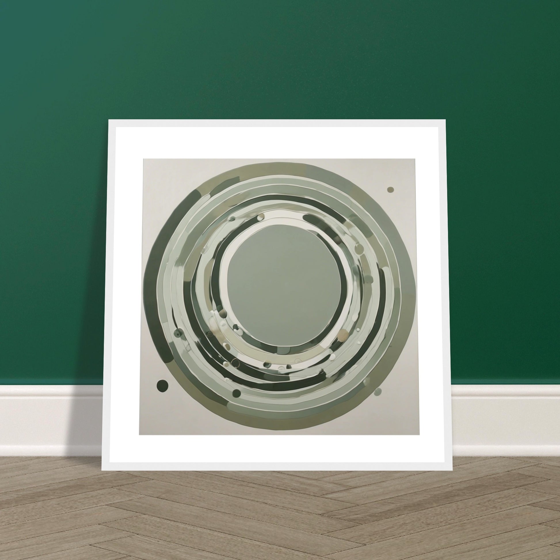 Framed sage green circular abstract wall art featuring minimalist modern design in neutral Scandinavian style