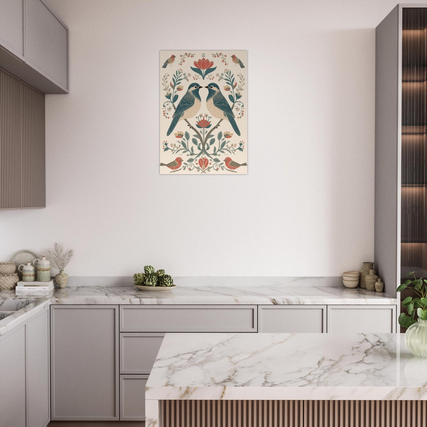 Minimalist bird poster styled in modern kitchen space with light neutral tones