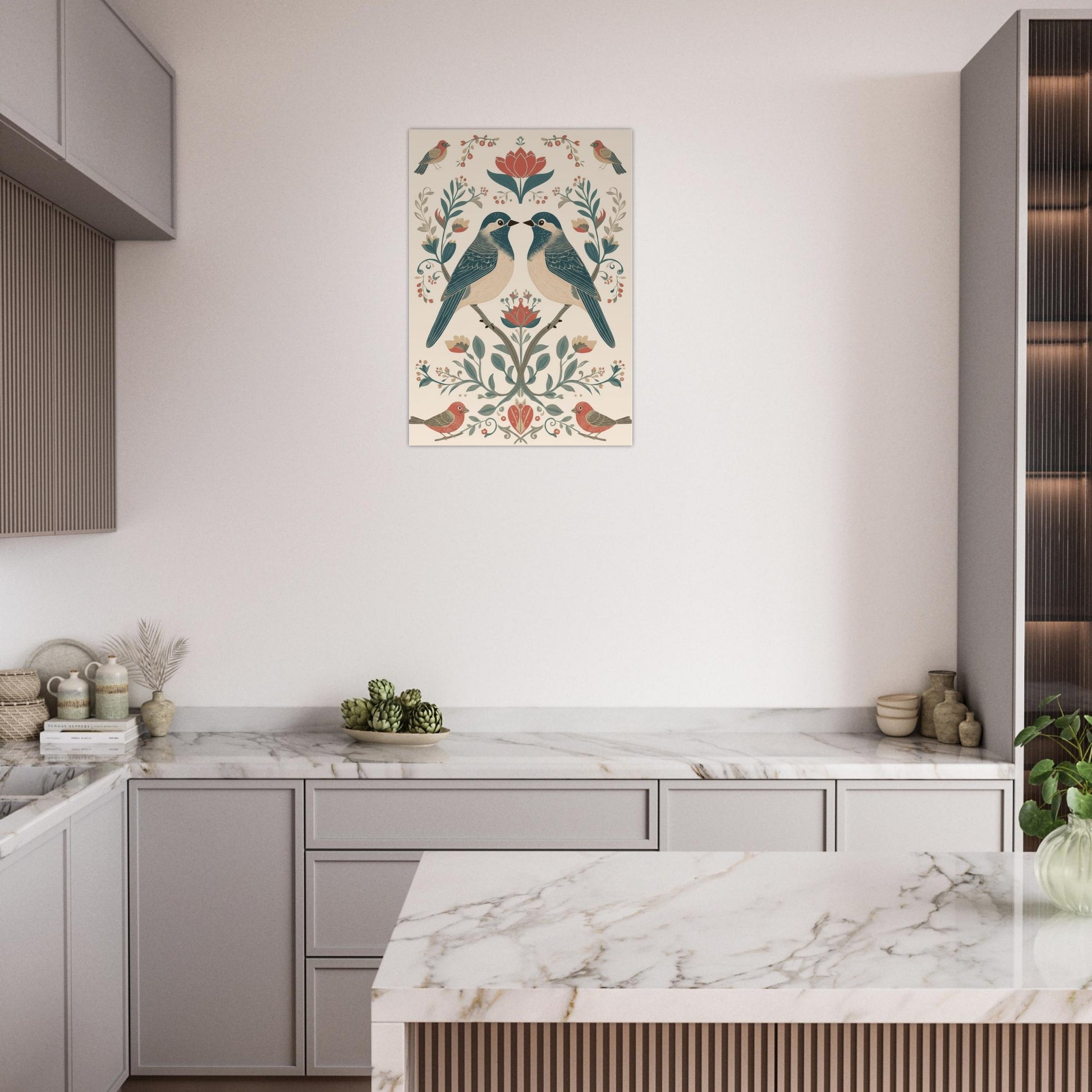 Minimalist bird poster styled in modern kitchen space with light neutral tones