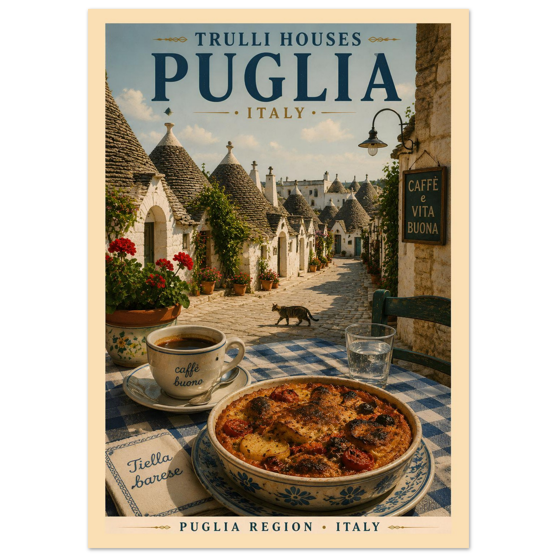 Italian travel poster featuring Puglia trulli houses displayed against a clean studio background
