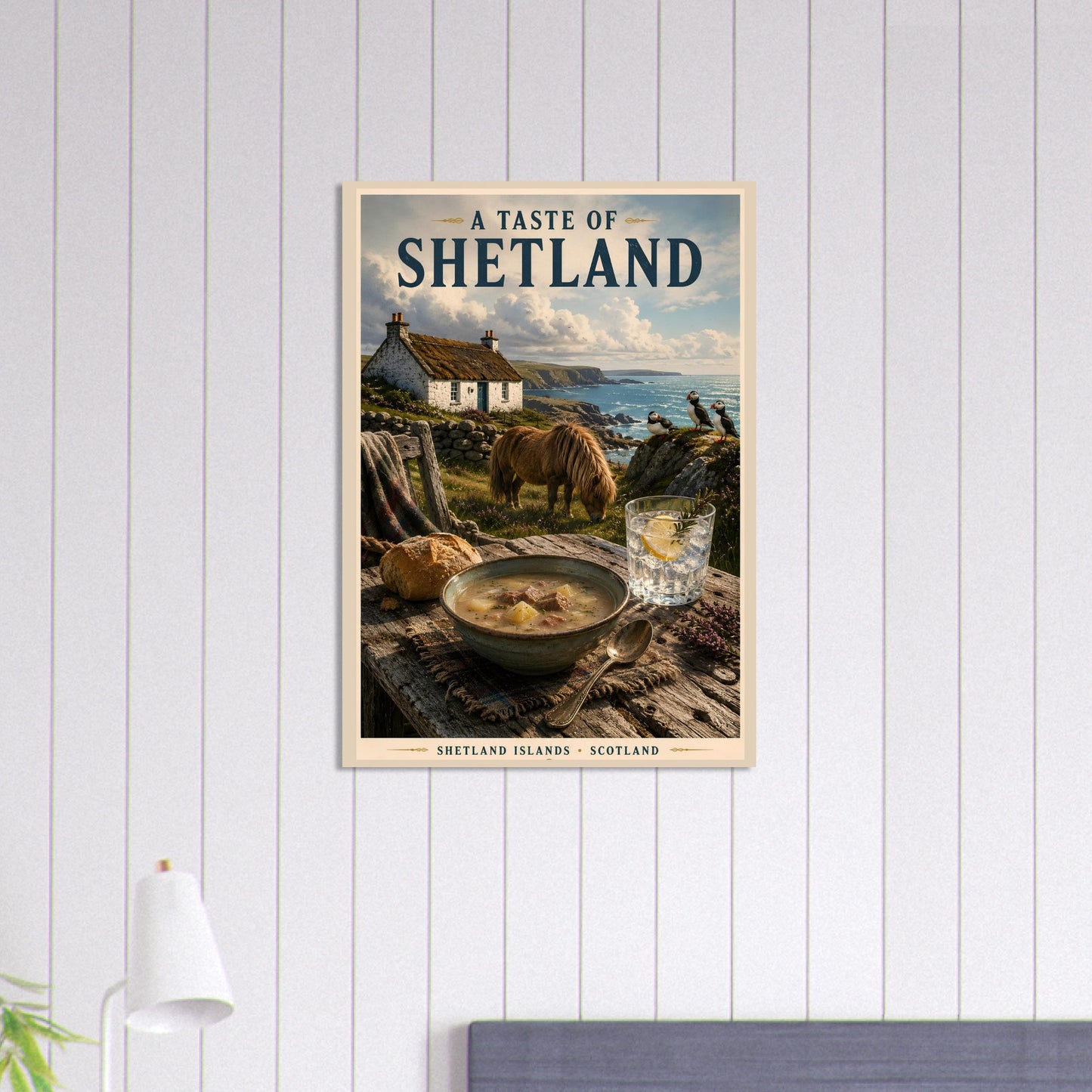 Framed Shetland Islands poster displayed against a white panelled wall in a contemporary bedroom