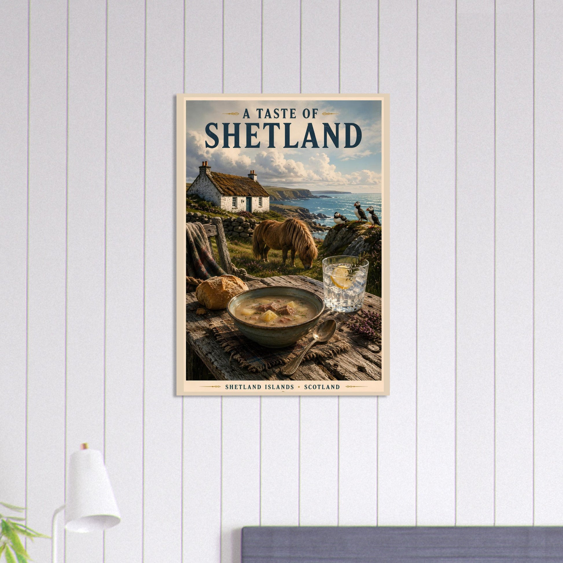 Framed Shetland Islands poster displayed against a white panelled wall in a contemporary bedroom