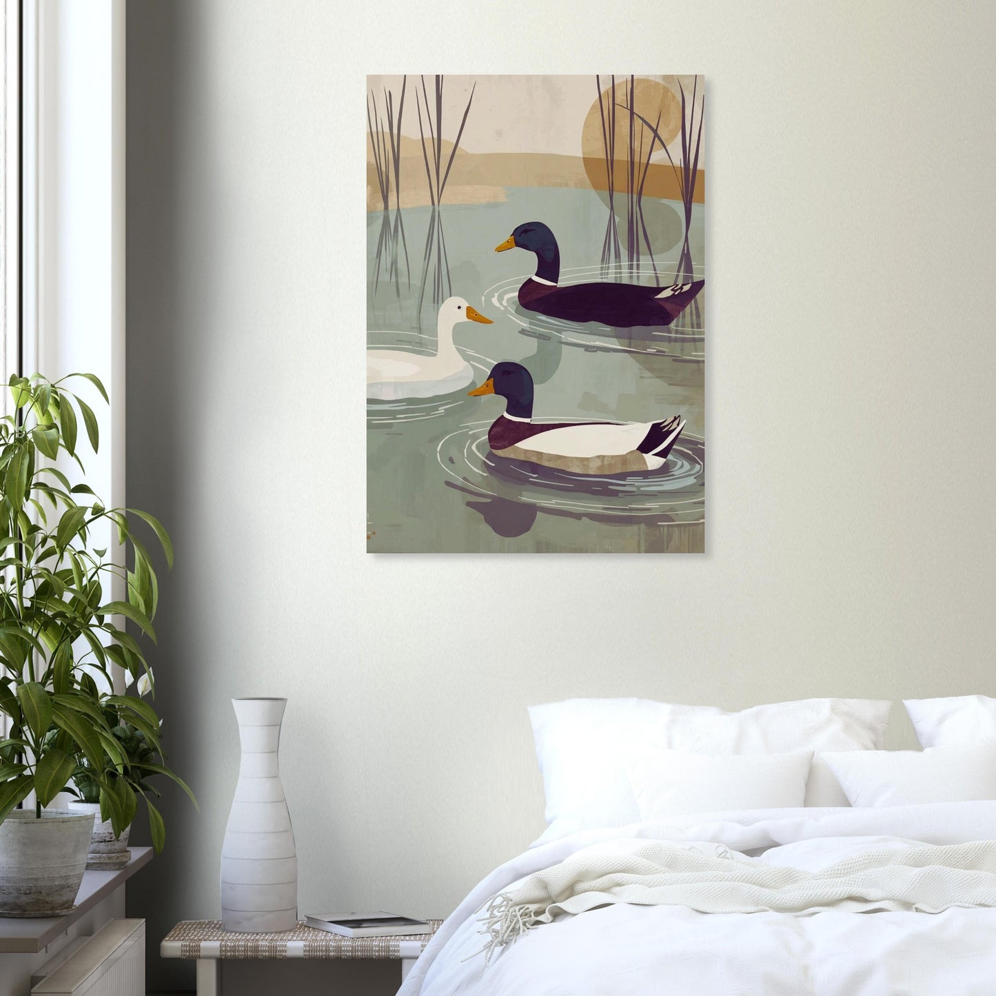 duck artwork in cosy bedroom setting