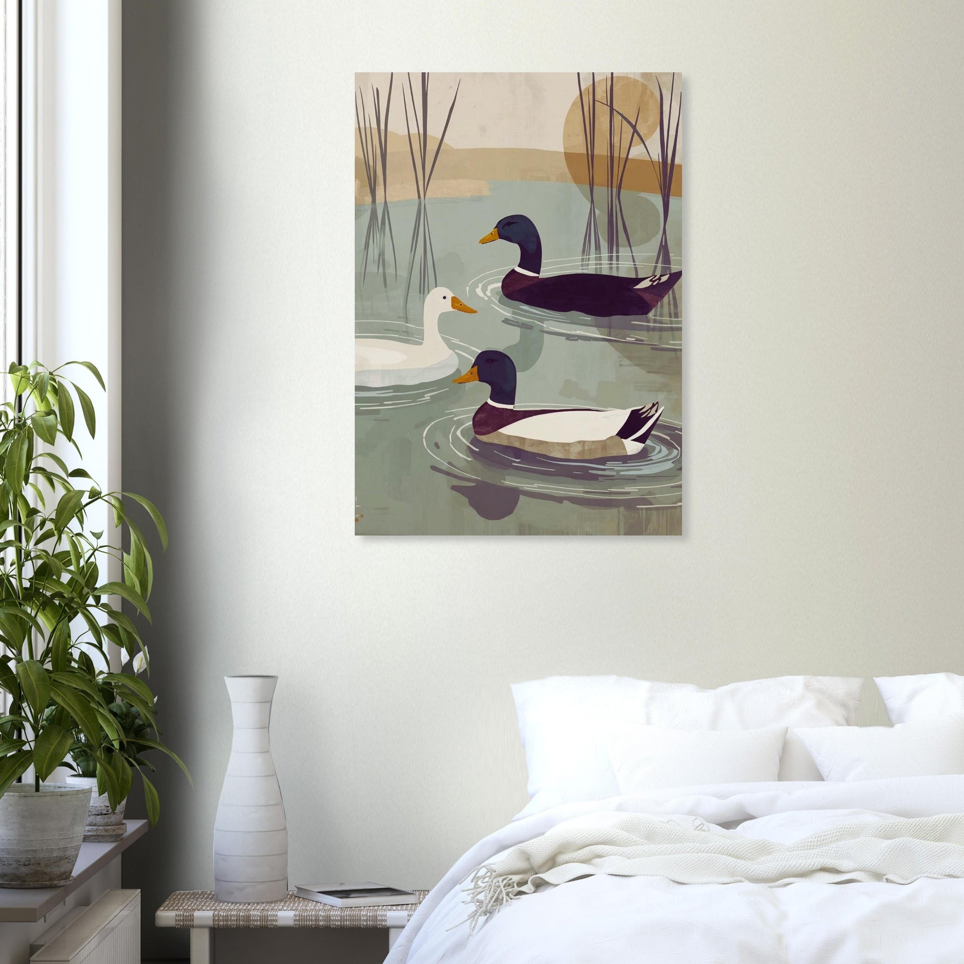 duck artwork in cosy bedroom setting