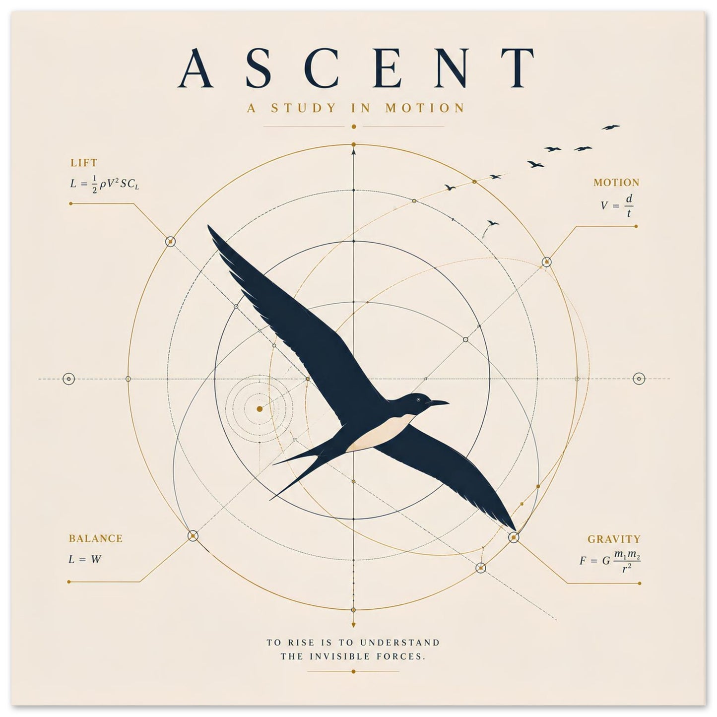 Modern bird wall art with geometric scientific line work on a warm ivory background, inspired by the science of flight.