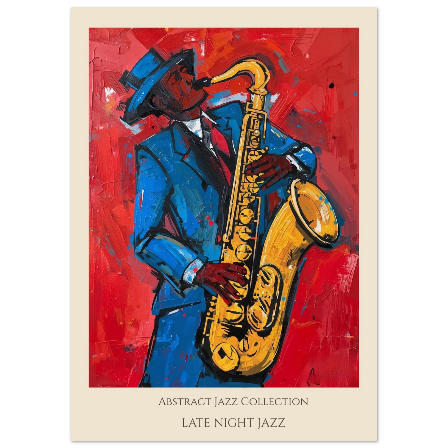 Artistic depiction of a saxophonist in a blue suit on a red background with 'Abstract Jazz Collection' text.