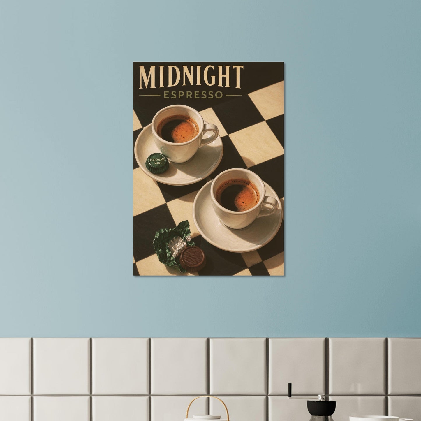 Midnight Espresso coffee wall art displayed against a blue wall with white tile detail.