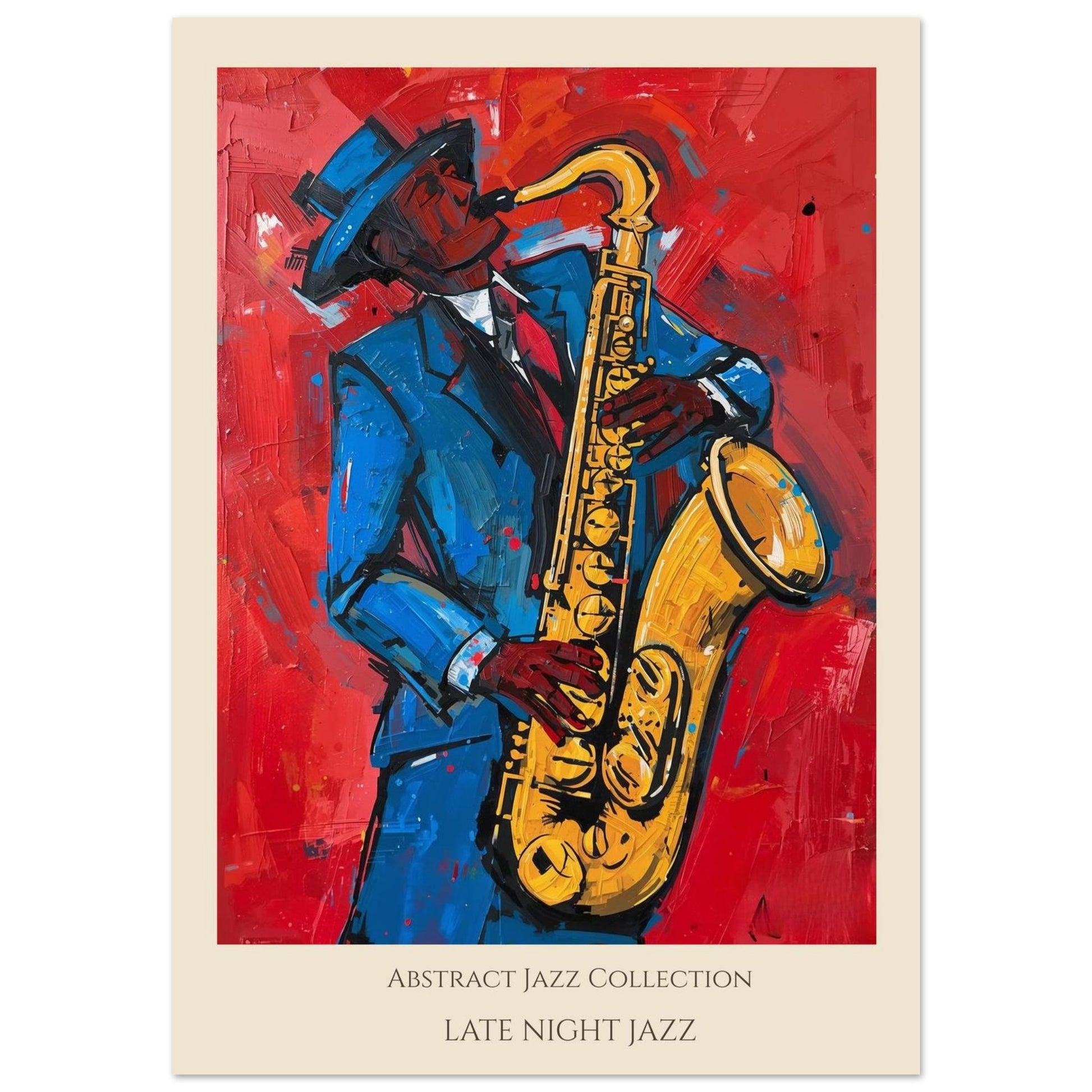 Artistic depiction of a saxophonist in a blue suit playing a saxophone on a red background, labeled 'Abstract Jazz Collection: Late Night Jazz'.