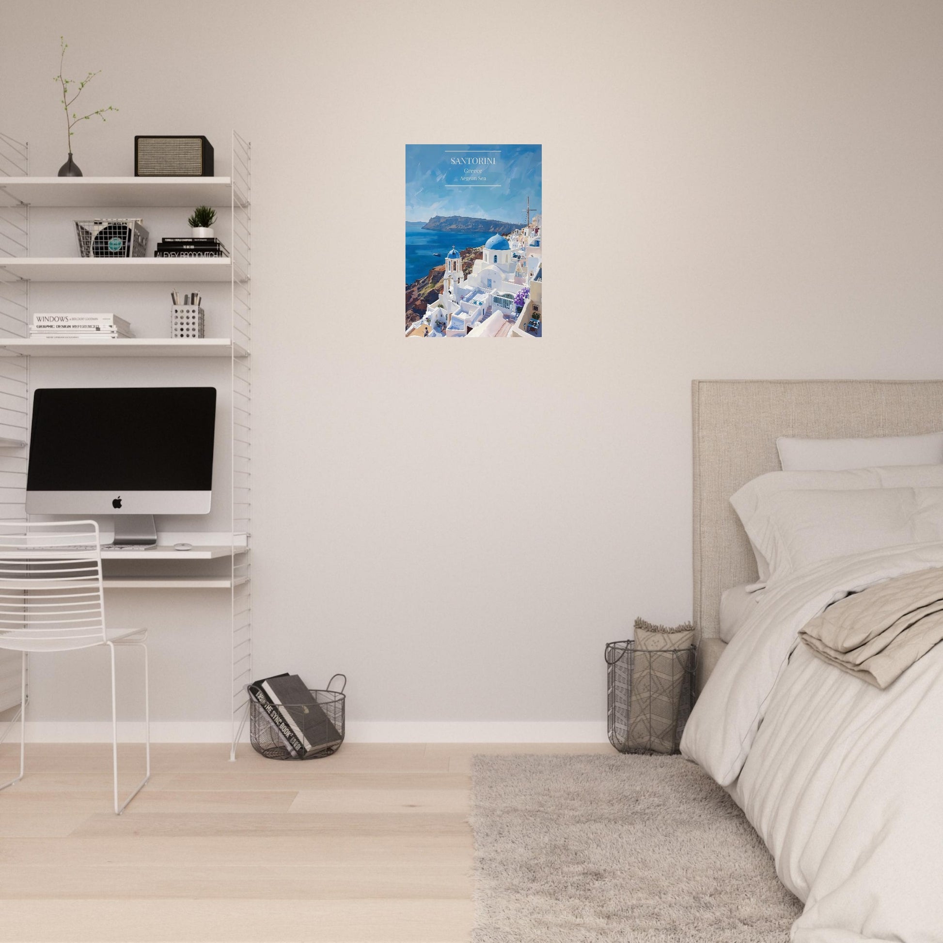 Modern bedroom with a desk, computer, and wall art of Santorini Greece Travel Poster