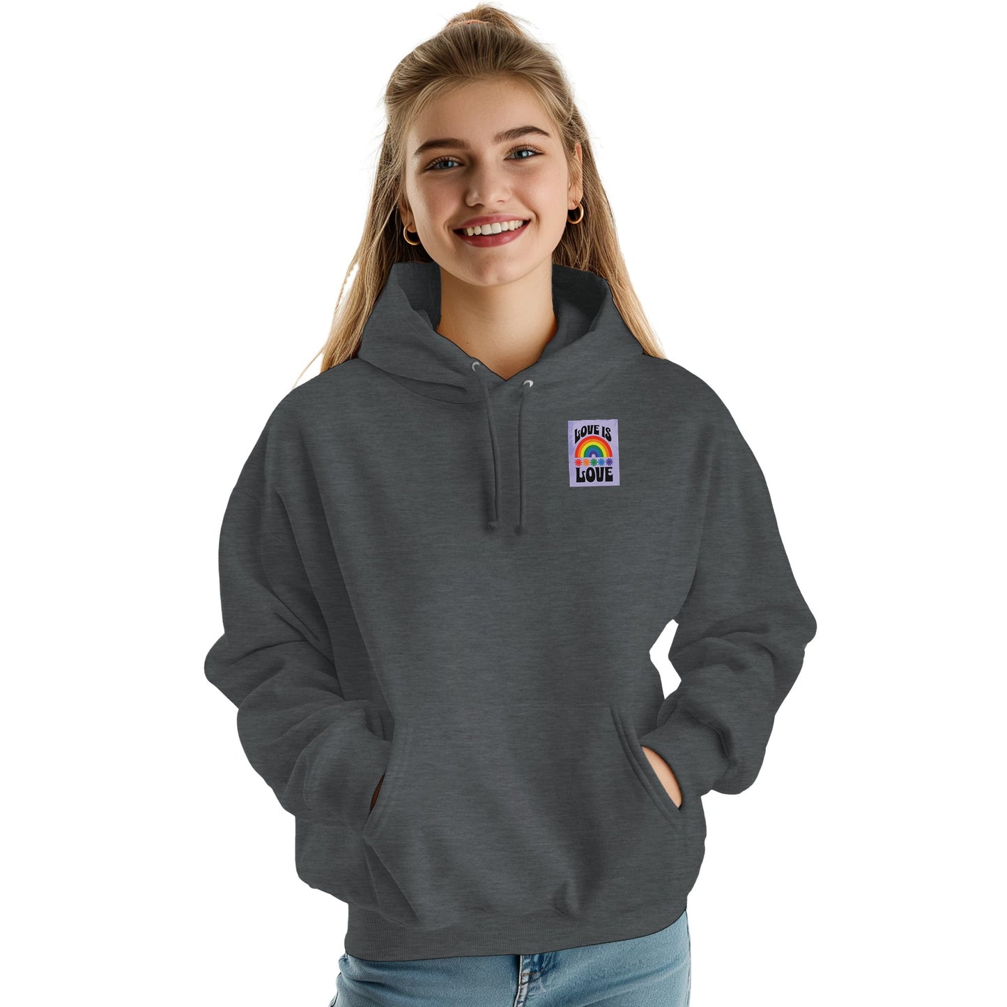 Love Is Love Hoodie – Retro LGBTQ+ Pride Pullover | JustHoods JH001 Premium Unisex Sweatshirt with Rainbow Pocket Print