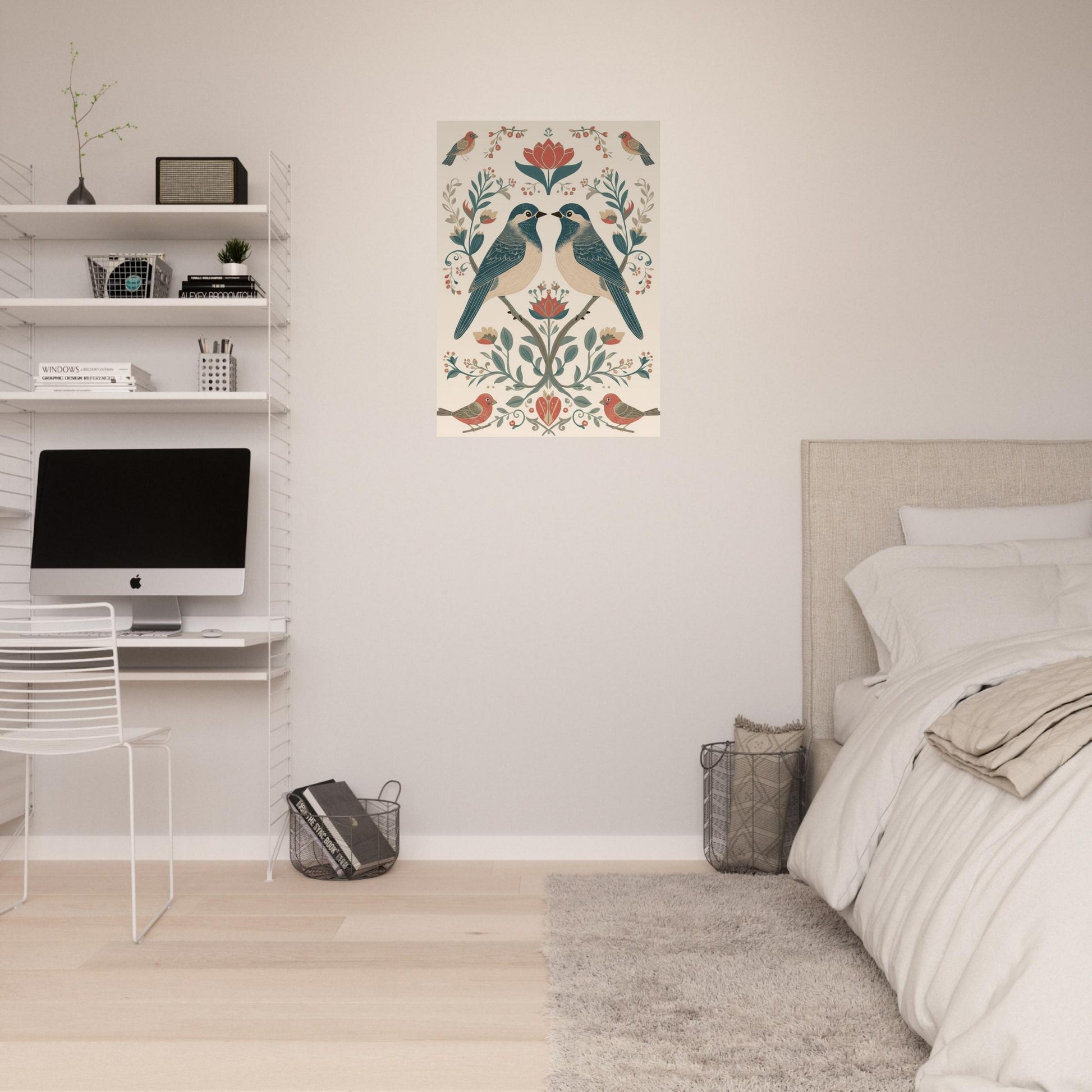 Minimalist Scandinavian bird wall art in modern bedroom with neutral decor and soft textures