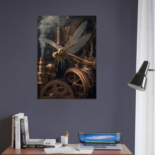 Steampunk-themed dragonfly poster on a wall above a desk with books and a laptop.