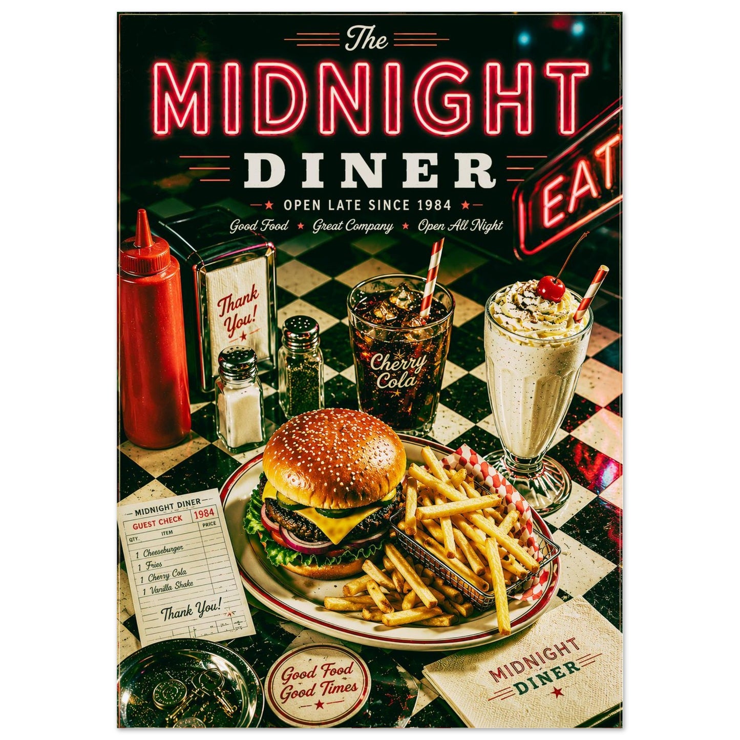 Vintage Americana wall art featuring classic diner food, checkerboard décor and nostalgic neon lighting