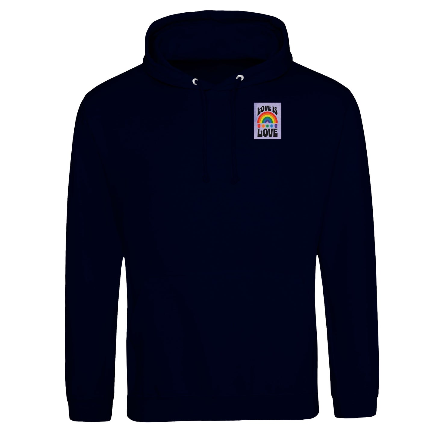 Love Is Love Hoodie – Retro LGBTQ+ Pride Pullover | JustHoods JH001 Premium Unisex Sweatshirt with Rainbow Pocket Print