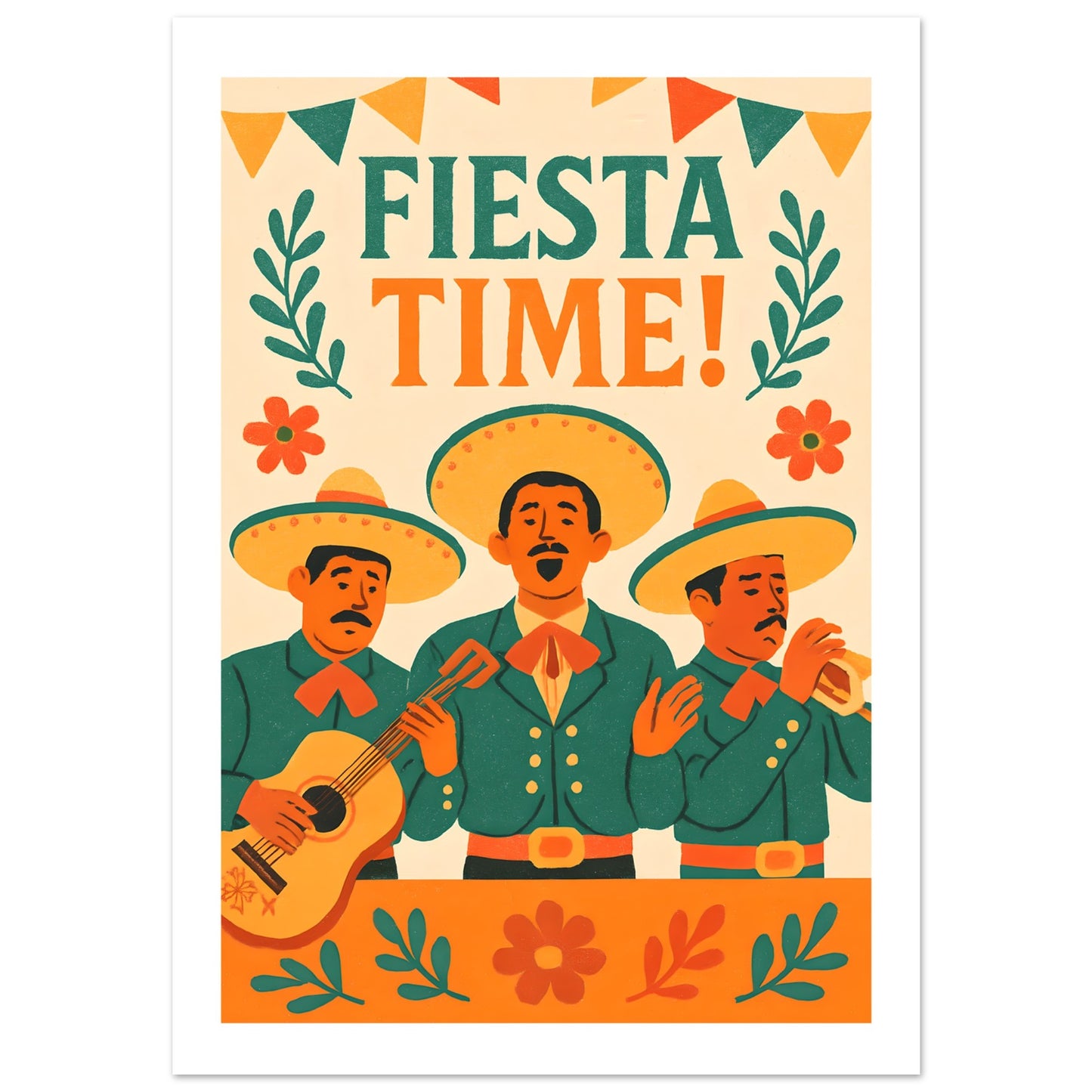 Fiesta-themed poster with three men in mariachi outfits and 'Fiesta Time!' text.