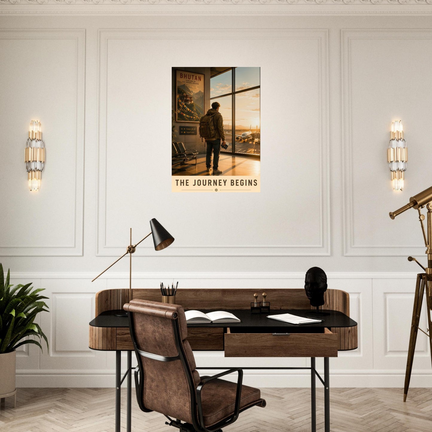 The Journey Begins wanderlust poster styled in a creative study space with bookshelves and contemporary furnishings.
