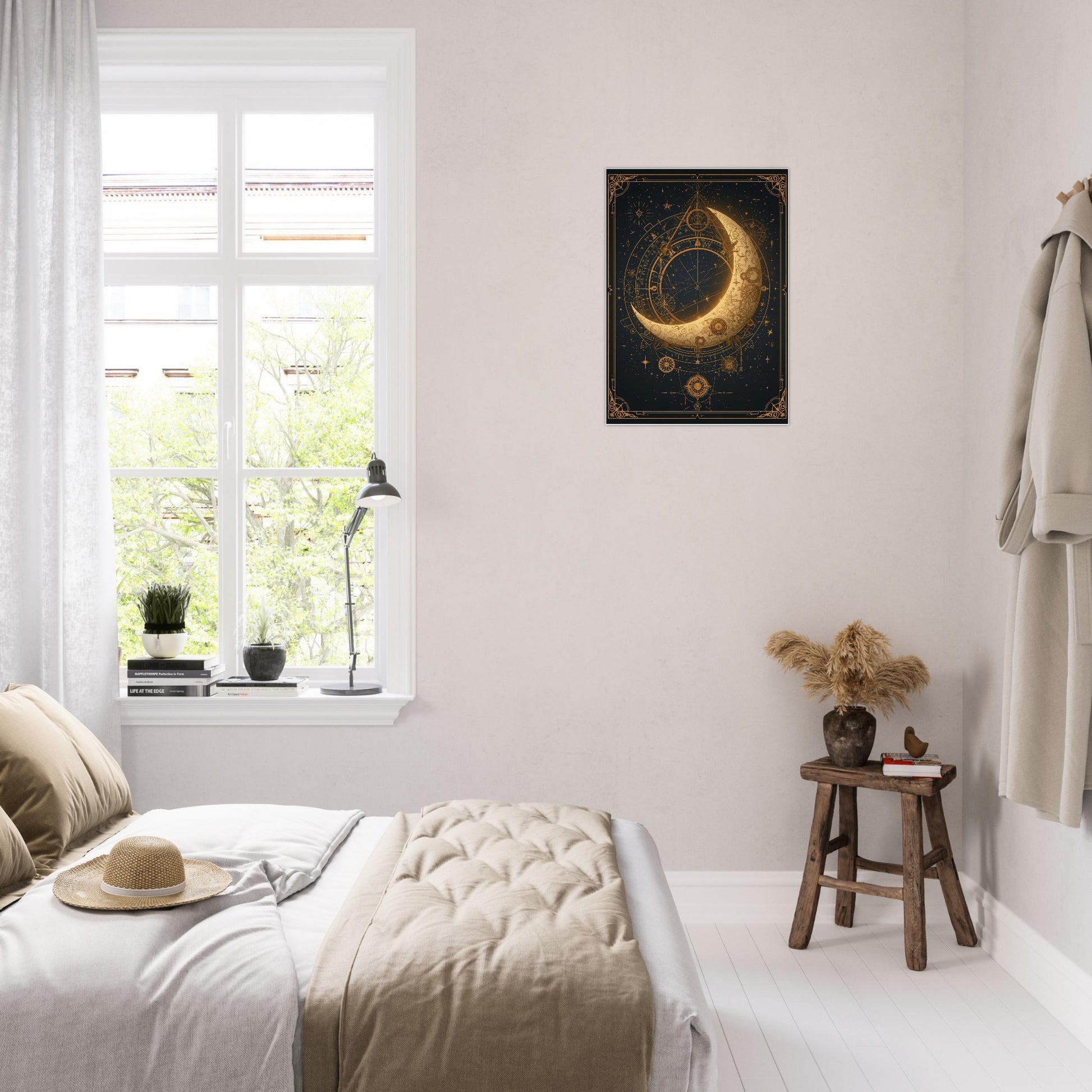 Decorative poster of a celestial design on a wall above a bed in a bedroom.