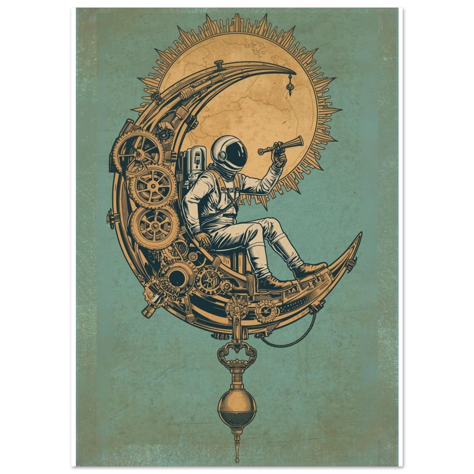 Steampunk astronaut wall art featuring an astronaut sitting on a mechanical crescent moon with gears and a celestial sun on a vintage teal background.