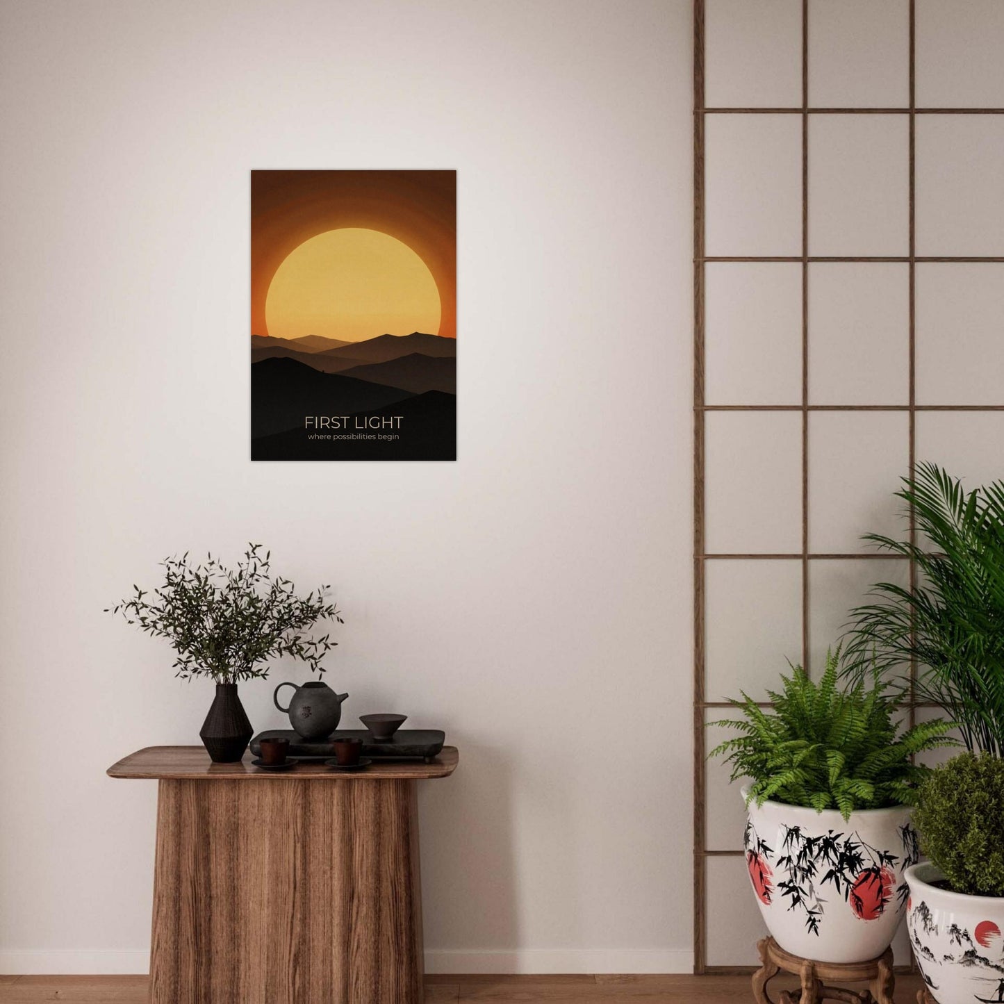 Sunrise wall art displayed above a decorative side table, creating a warm and welcoming focal point in a modern interior.