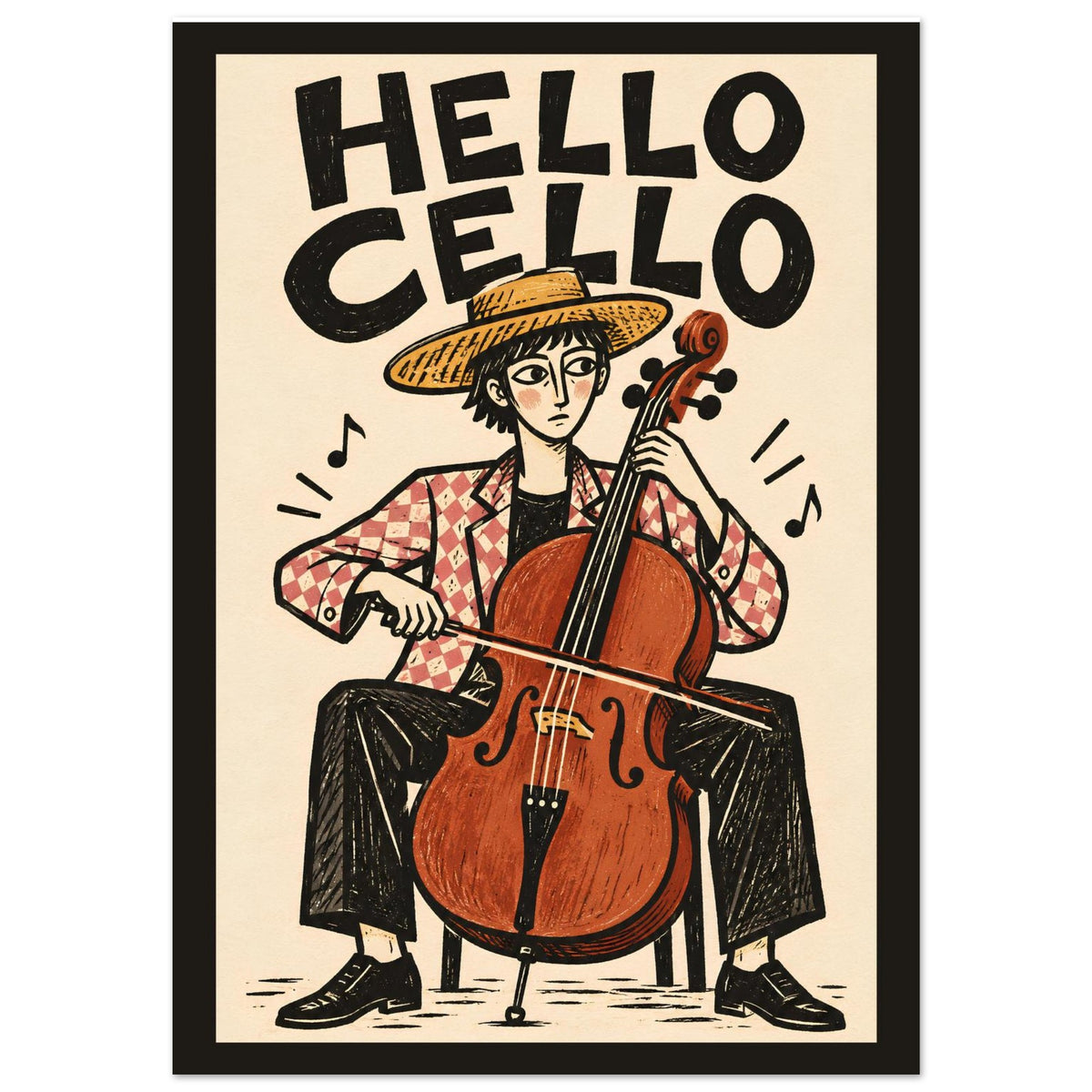 A framed art print featuring a stylized illustration of a person playing a cello, with the text 'HELLO CELLO' above. The print has a cream background, bold black lettering, and a black frame.