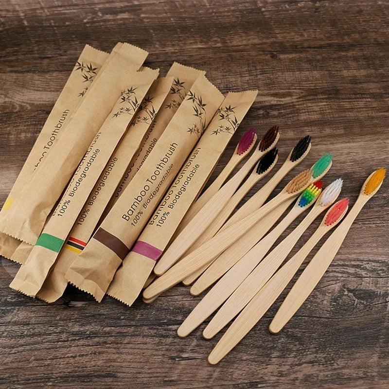 eco bamboo toothbrush set biodegradable soft bristle 10pcs