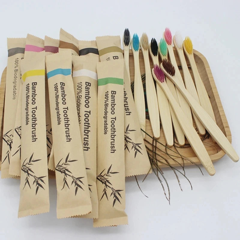 eco bamboo toothbrush set biodegradable soft bristle 10pcs