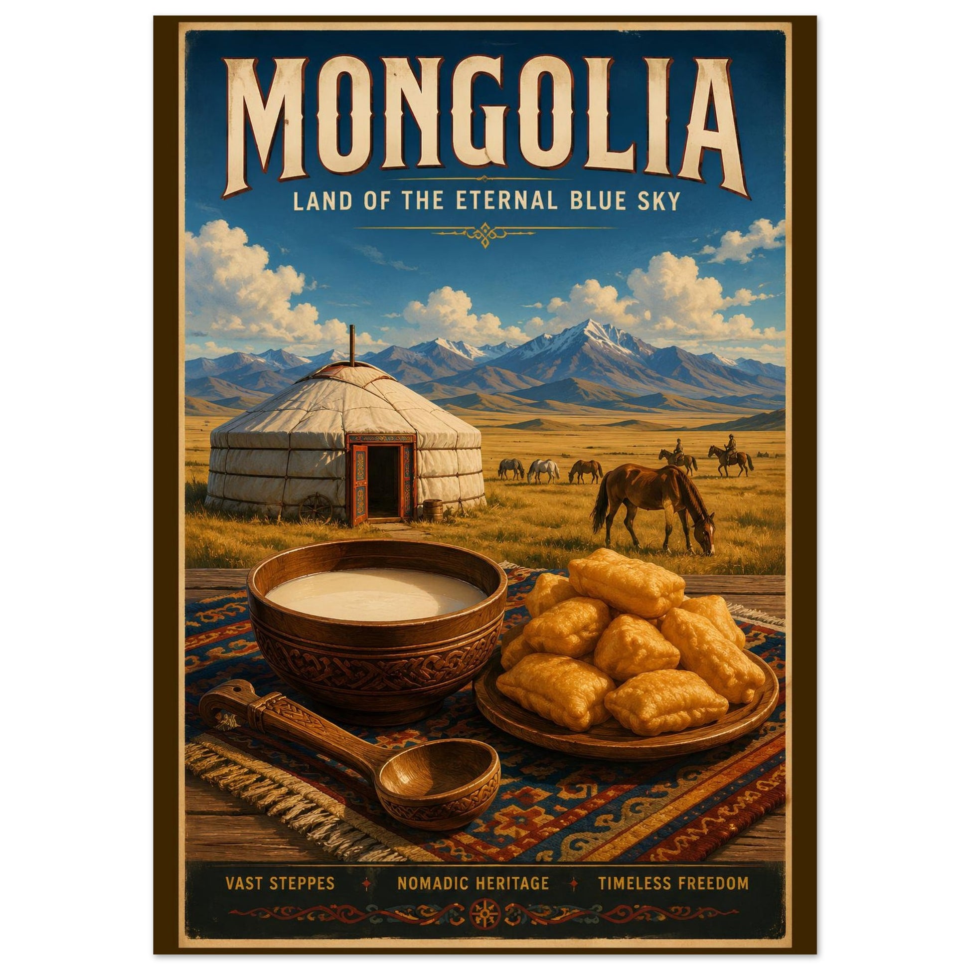 Mongolia travel poster showcasing traditional airag, boortsog pastries, a nomadic ger, grazing horses, and the vast Mongolian steppe.